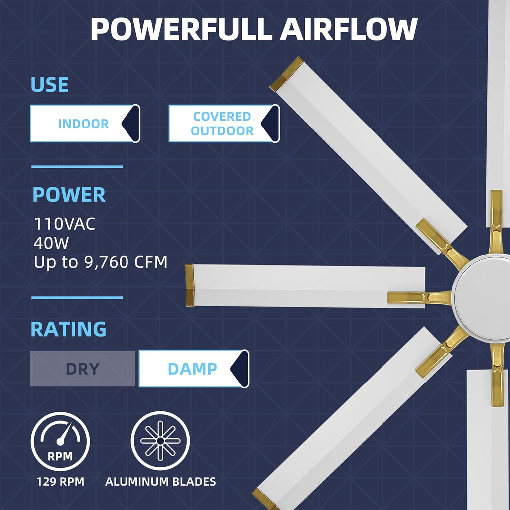 WINGBO 72' Large Industrial Ceiling Fans No Lights, 8 Aluminum Blades, 6-Speed Powerful Brushless DC Motor Reversible, High Volume 9760 CFM at 129 RPM, Commercial and Residential, Brass and White