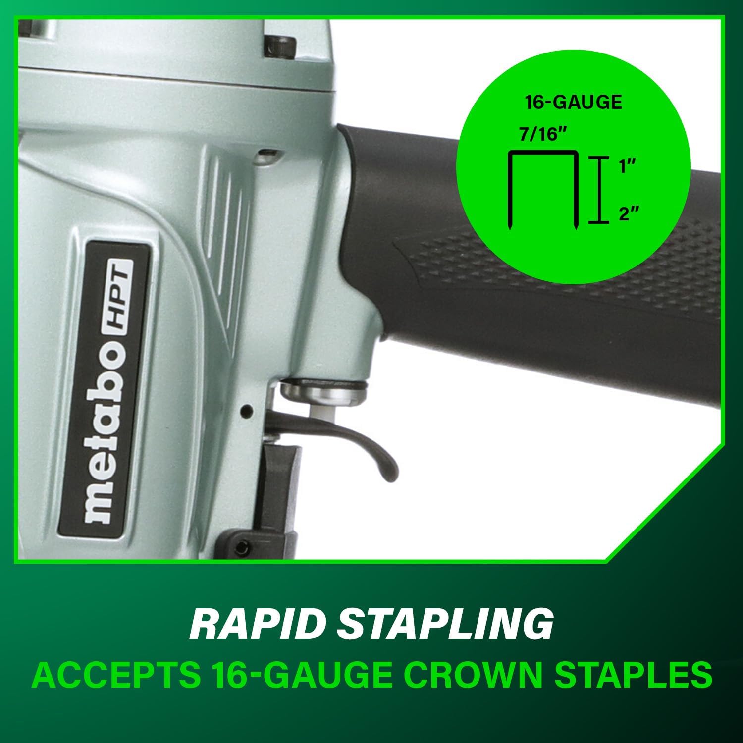Metabo HPT 7/16' Standard Crown Stapler, Pro-Preferred Pneumatic Power Nailers, Construction Tool for Roof Decking & Subfloor Install, 16 Gauge Power Stapler, 1' to 2' Crown Staples, N5008AC2