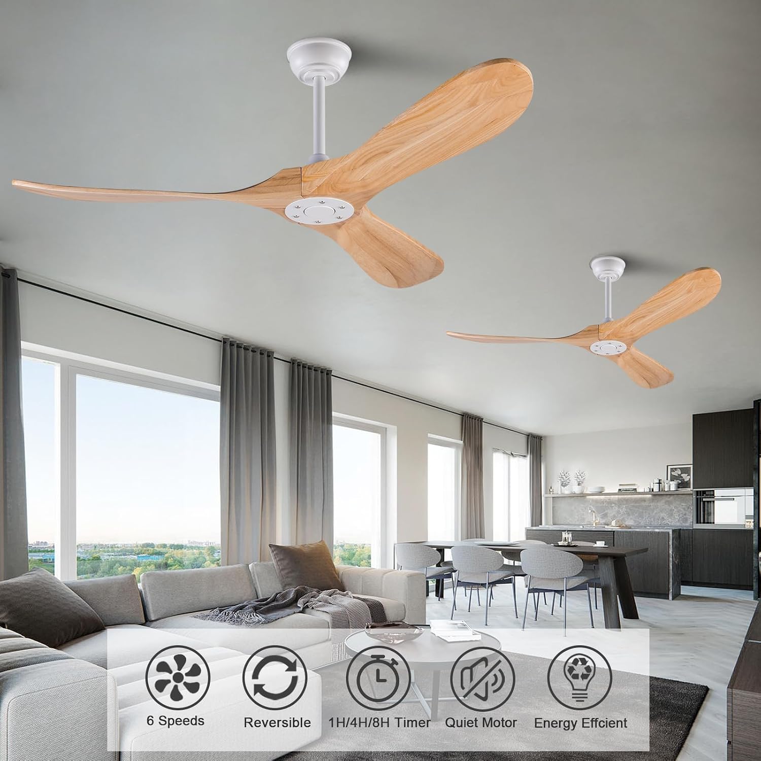 52 inch Ceiling Fan without Light, Quiet Reversible DC Motor Wood Ceiling Fan no Light, 3 Blades Modern Ceiling Fans with Remote Control for Outdoor Indoor Farmhouse Patios