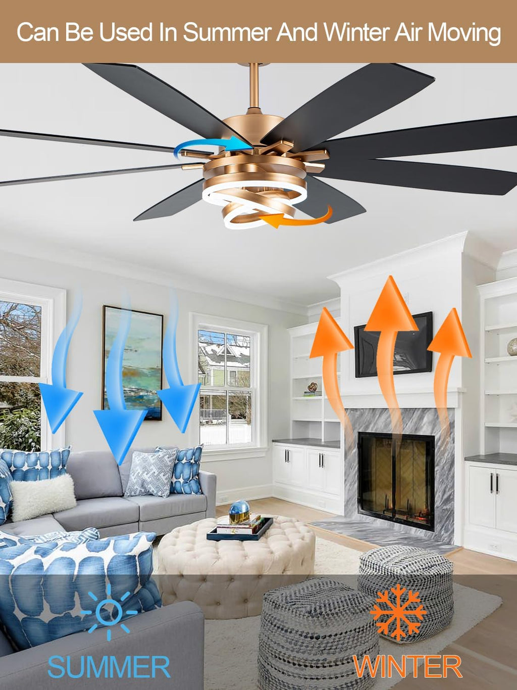 72 Inch Black and Gold Ceiling Fan with Lights and Remote Modern Fandelier Ceiling Fan Large Chandelier LED Light, Reversible DC Motor 3CCT Dimmable 6 Speed for Living Room Indoor Outdoor