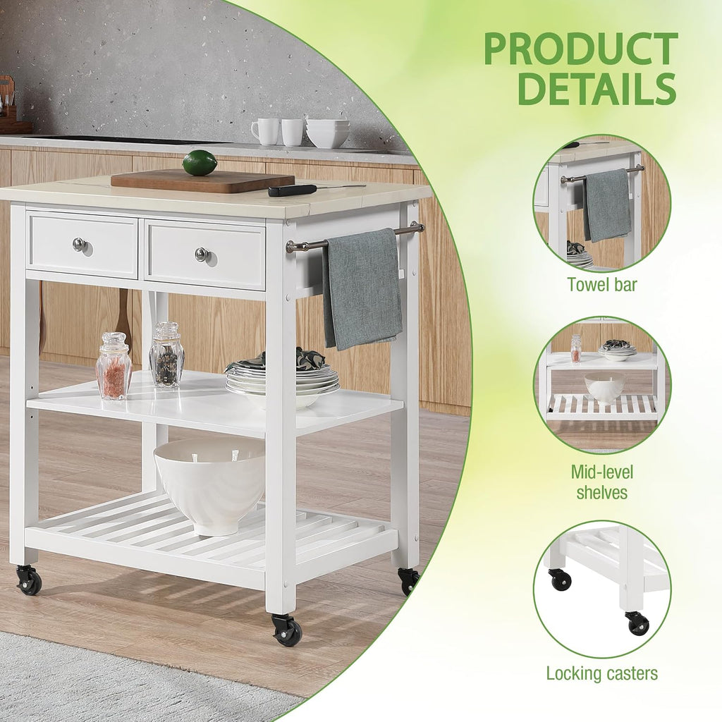 OSP Home Furnishings Litchfield Modern Farmhouse Kitchen Cart, Solid Wood Frame with Storage Drawers, Shelves, Locking Casters, White with Faux Marble Top