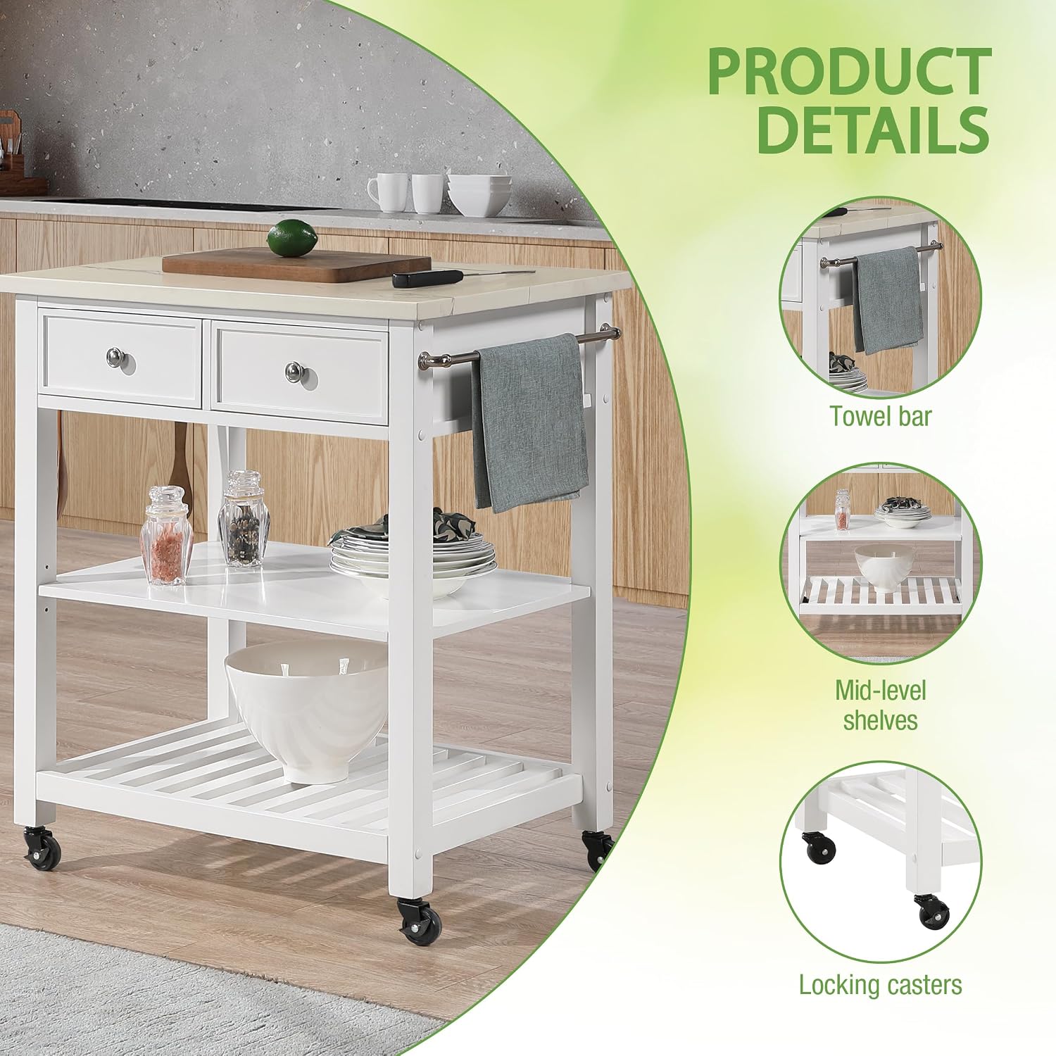 OSP Home Furnishings Litchfield Modern Farmhouse Kitchen Cart, Solid Wood Frame with Storage Drawers, Shelves, Locking Casters, White with Faux Marble Top