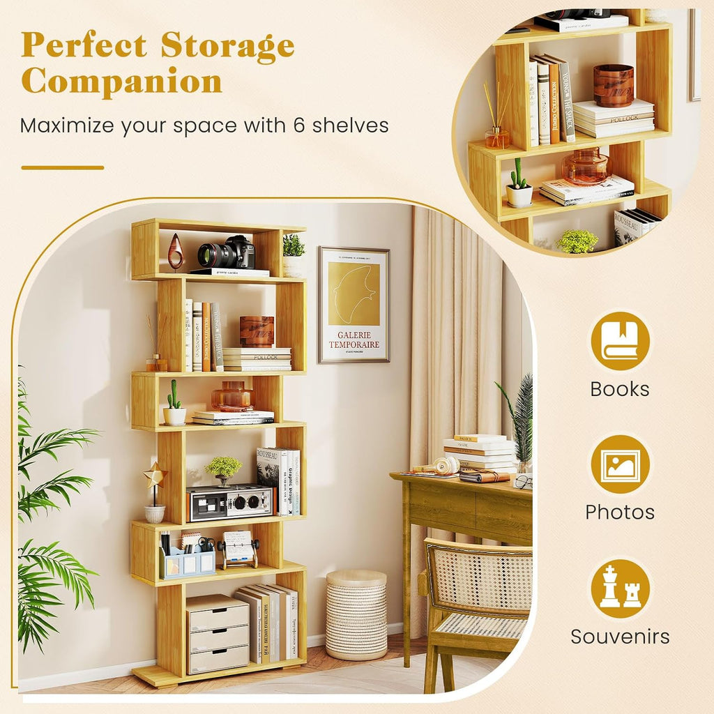 Giantex 6-Tier Geometric Bookshelves Set of 2, S-Shaped Bookcase with 2 Anti-Tipping Kits, Wooden Display Shelf, Decorative Storage Shelving Unit, Home Storage Organizer for Living Room, Burlywood