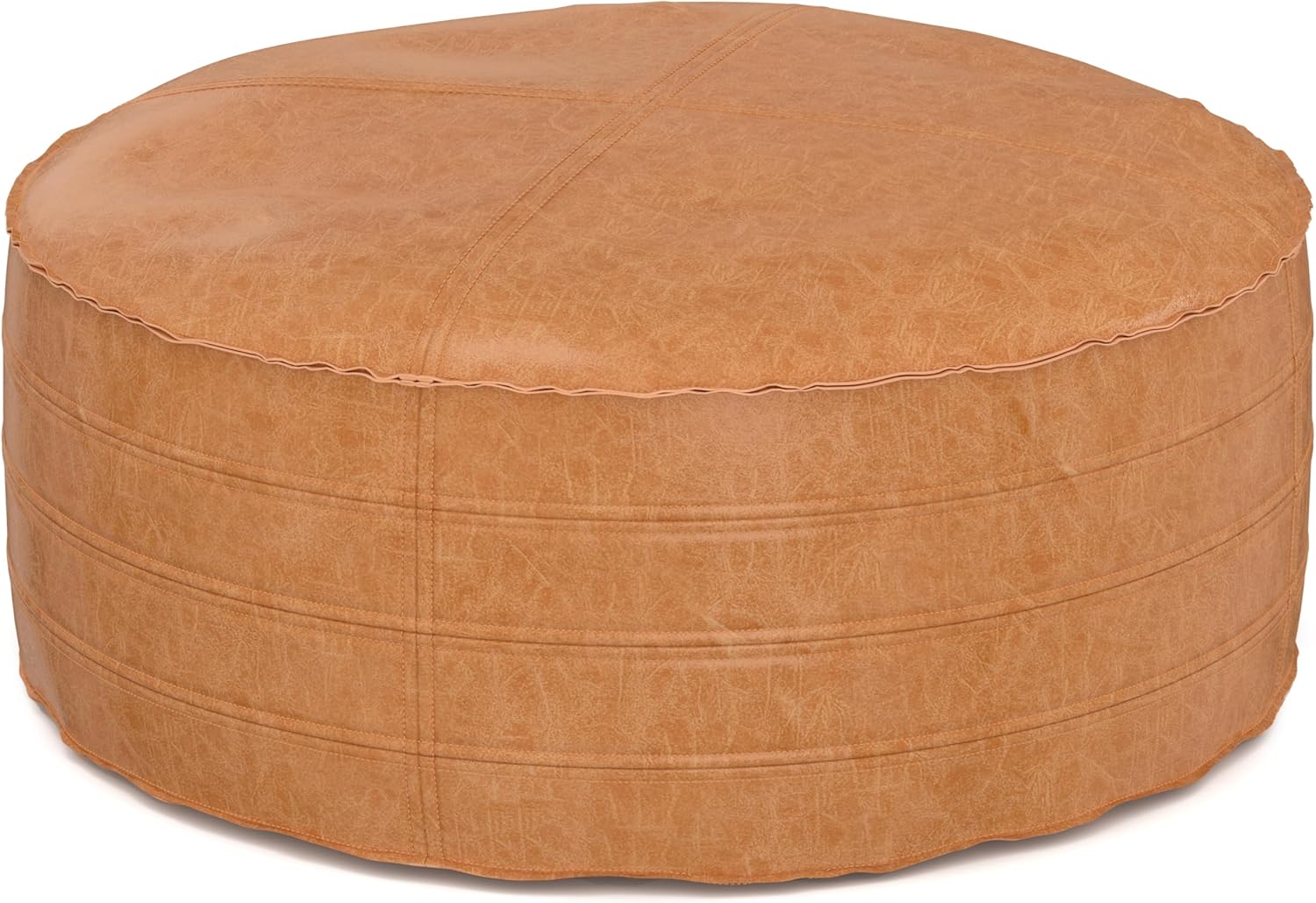 SIMPLIHOME Brody Round Coffee Table Pouf - 32 inch Wide Upholstered Vegan Leather Ottoman in Distressed Brown, Boho Footstool or Extra Seating for Living Room with Polystyrene Filling, Assembled