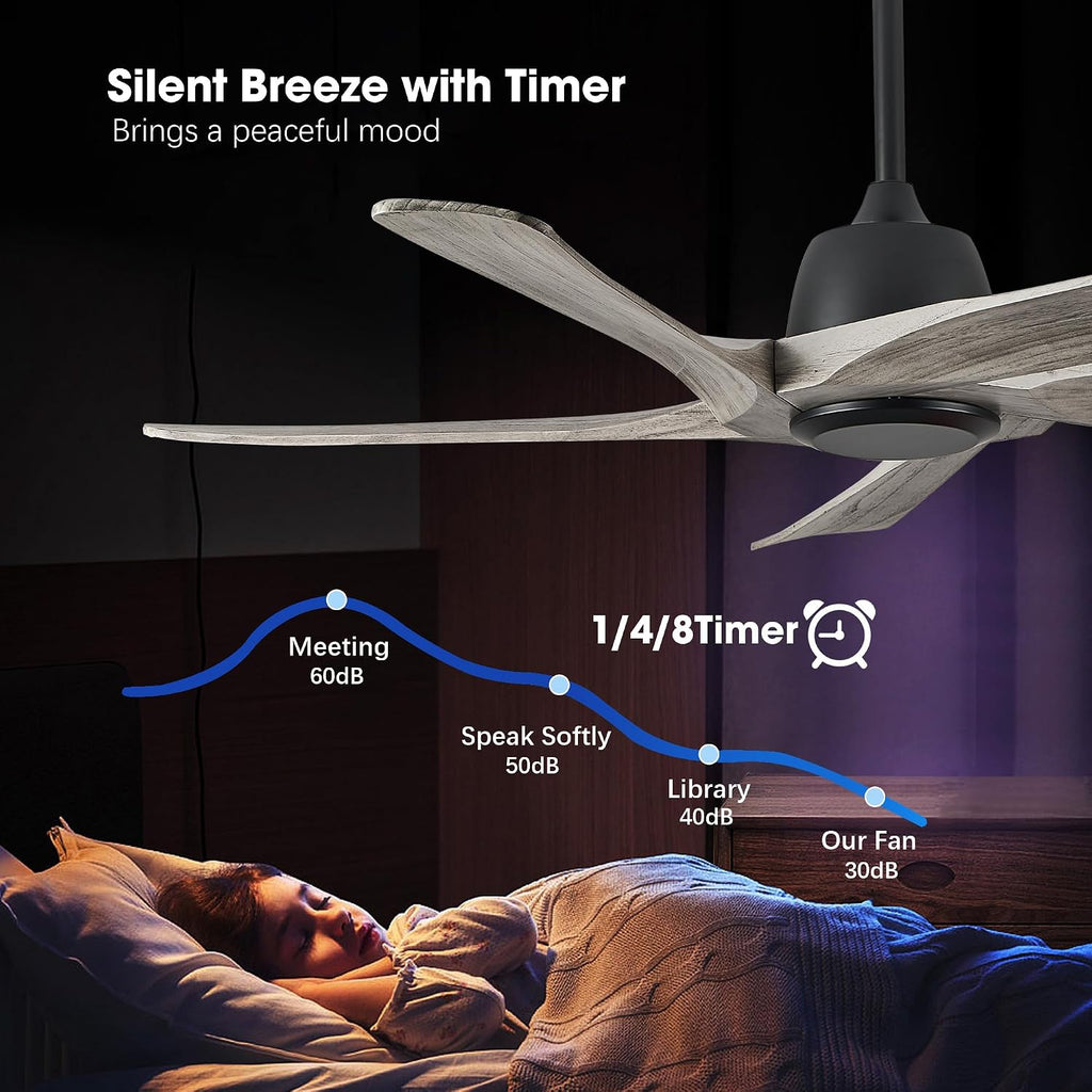 52' DC Ceiling Fan without Light, 5 Solid Wood Fan Blades, Remote and APP Control, 6-speed Reversible, Noiseless Ceiling Fan No Lights for Bedroom, Living Room, Office, Greywood