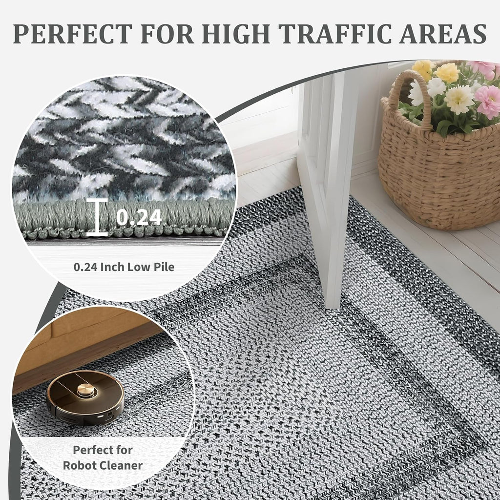 Large Braided Print Rug 10x13 Living Room Rug Soft Washable Rugs for Bedroom Low Pile Stain-Resistant Farmhouse Mat Non Slip Rustic Floor Mat for Dining Room Nursery Cottage Office Grey