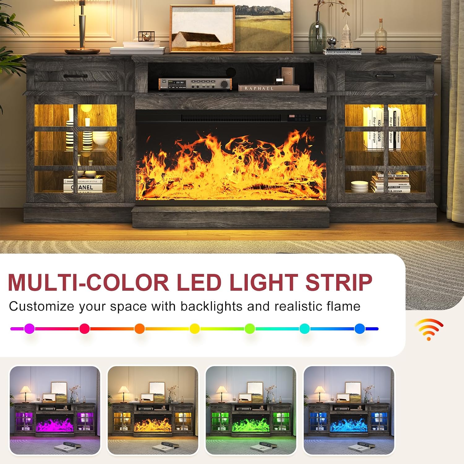 MXV 80' Fireplace TV Stand, 3-Sided Glass Fireplace and Modern Entertainment Center, Wooden Media Console with Glass Doors & Storage Drawers, LED Light, for Living Room, Grey