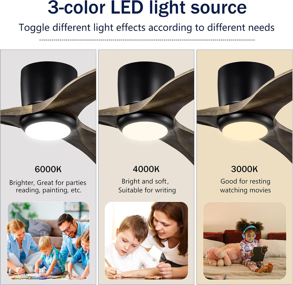 Ceiling Fans with Lights, 52 Inch Solid Wood Blades Ceiling Fan with Light and Remote Control, Noiseless Reversible Motor, 6 Speed, 3 Color Ceiling Fan for Patio Living Room, Bedroom,Indoor(Black)