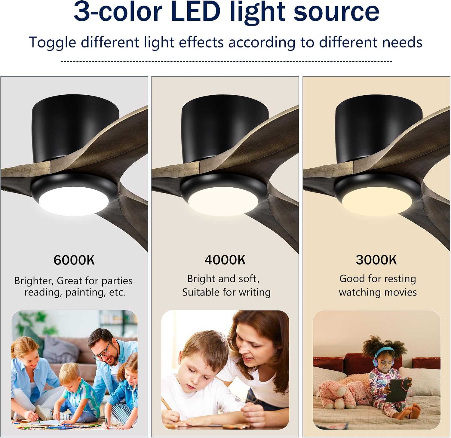 Ceiling Fans with Lights, 52 Inch Solid Wood Blades Ceiling Fan with Light and Remote Control, Noiseless Reversible Motor, 6 Speed, 3 Color Ceiling Fan for Patio Living Room, Bedroom,Indoor(Black)