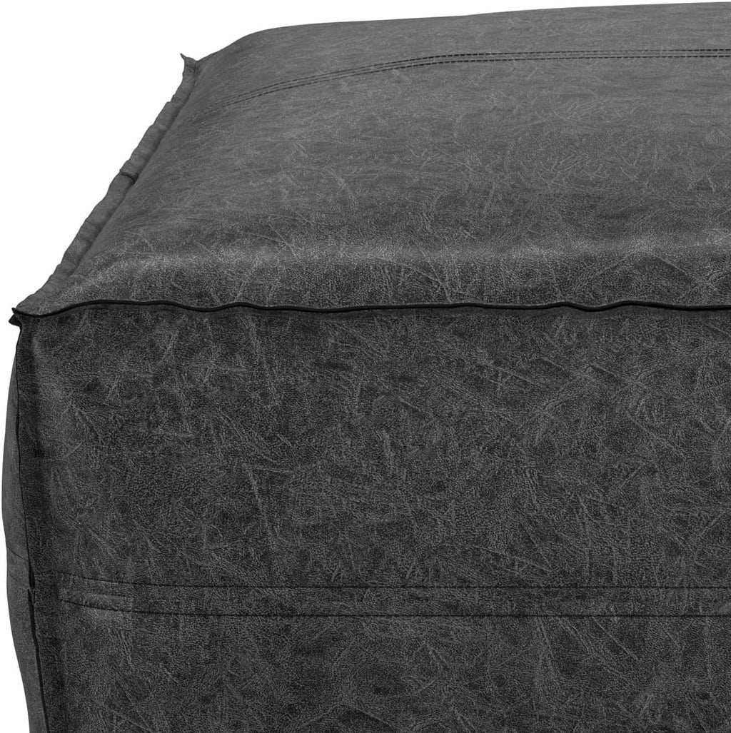 SIMPLIHOME Brody Boho Square Pouf in Distressed Black Vegan Faux Leather for the Living Room, Bedroom and Kids Room