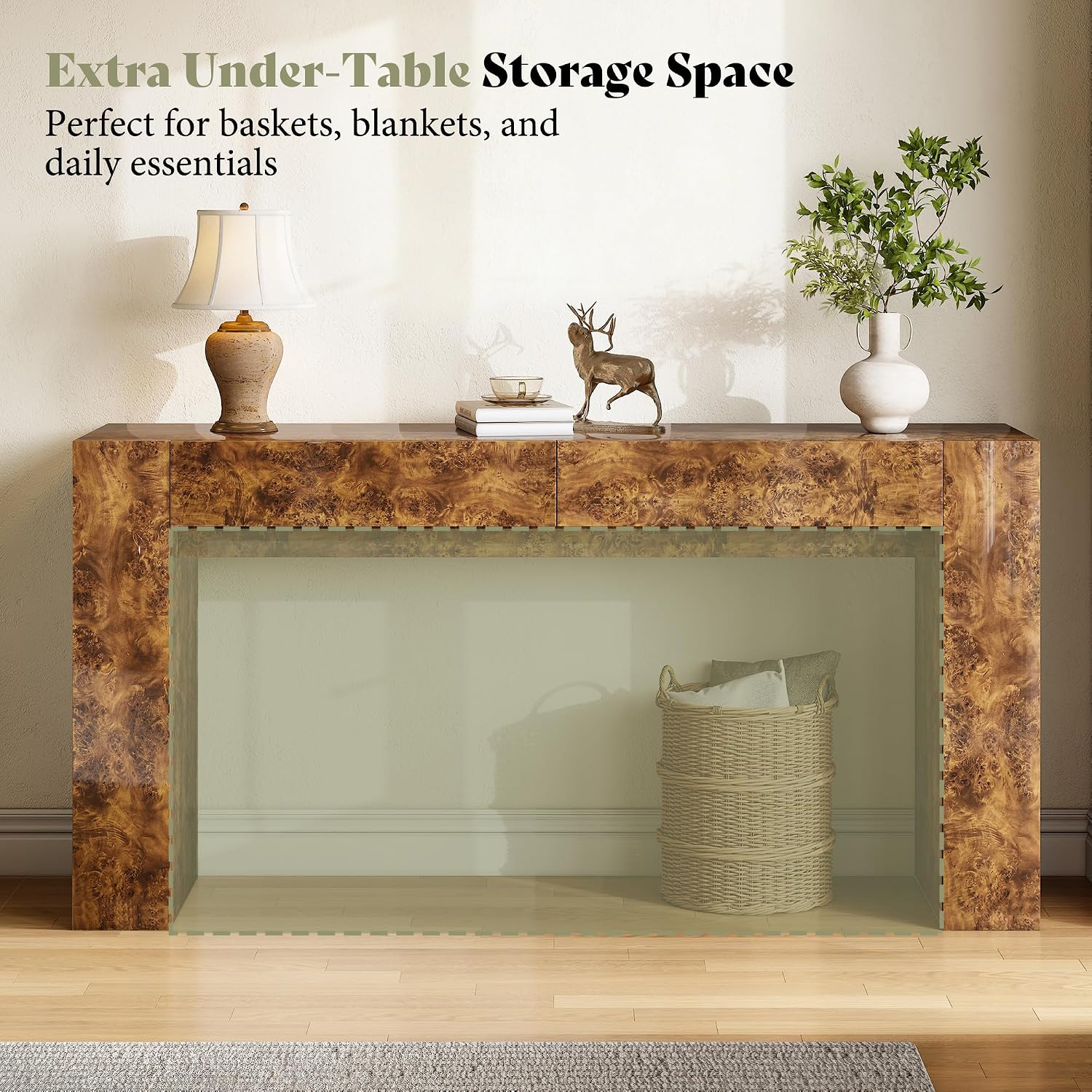 AMERLIFE 63' Burl Wood Console Table, Modern High Gloss Entryway Table with 2 Storage Drawers, Long Sofa Table Behind the Couch for Entrance, Hallway, Foyer, Living Room, Brown
