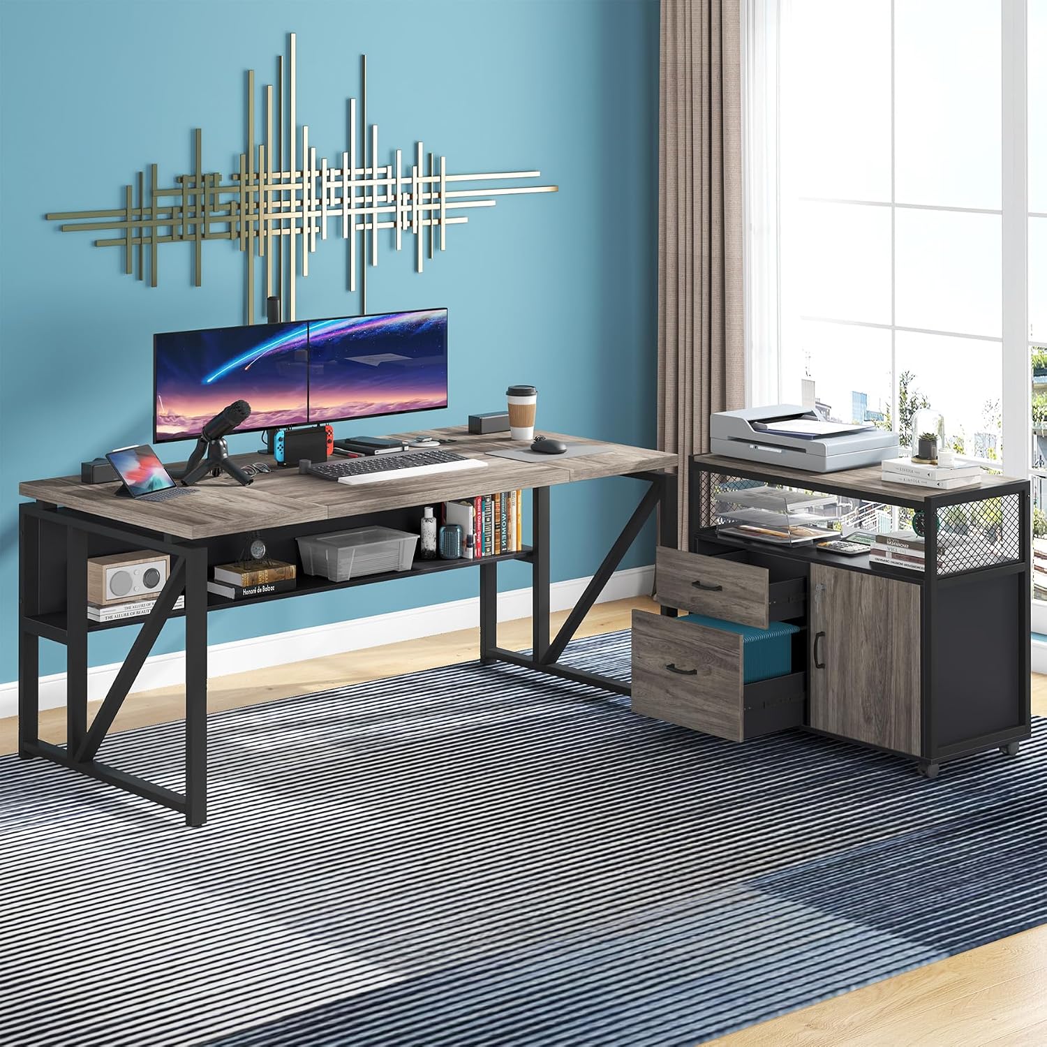 Tribesigns L Shaped Desk with Drawer Cabinet, 63' Executive Computer Desk and lateral File Cabinet, 2 Piece Home Office Furniture with Drawers for Hanging File, Doors with Locks (Gray, 63 inches)
