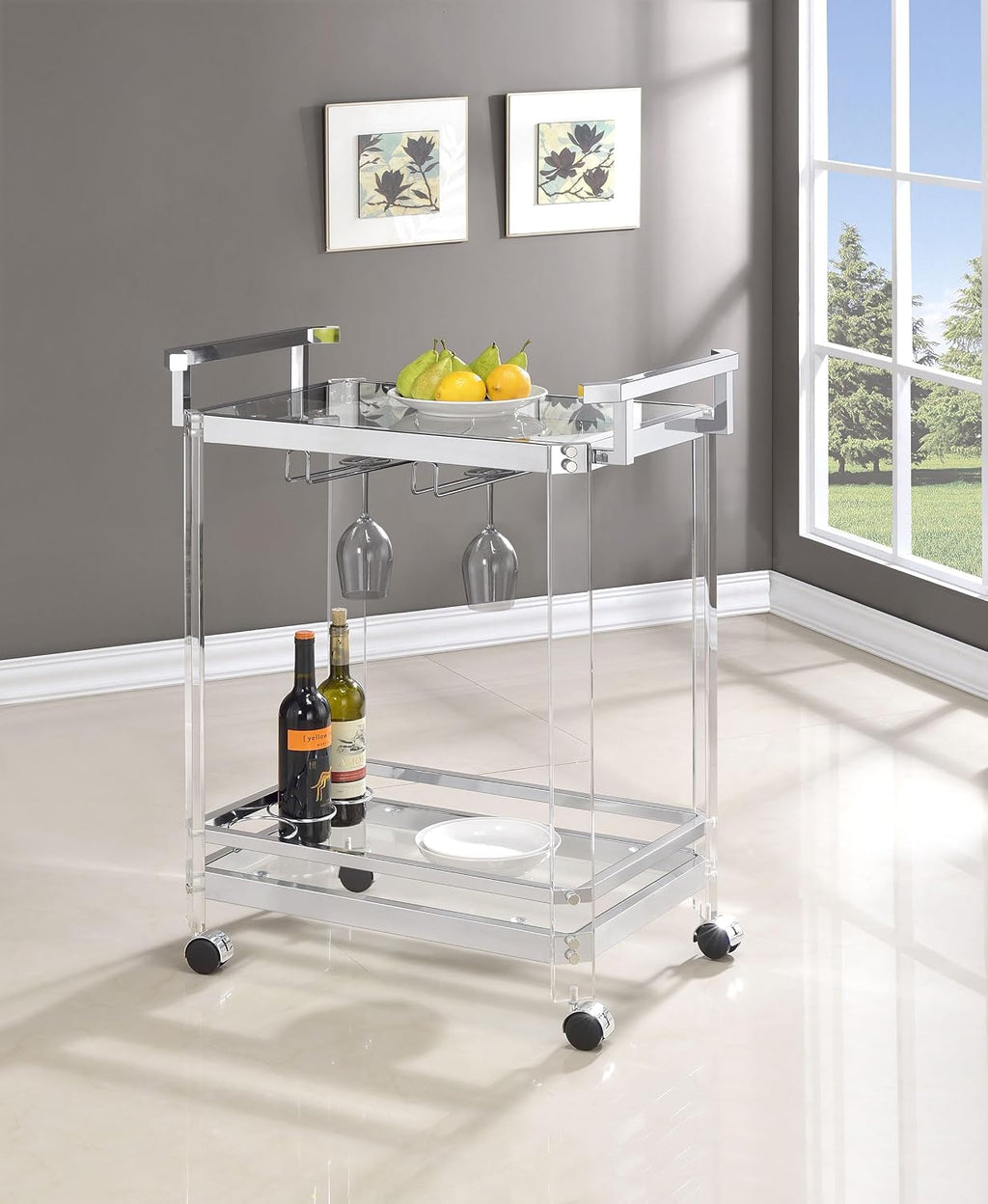 Coaster Home Furnishings - Jefferson - 2-Tier Acrylic & Metal Bar Cart with Wheels - Glass Shelf, Stemware Rack, Wine Bottle Holders - Contemporary - Dining Room - Clear & Chrome - 902589
