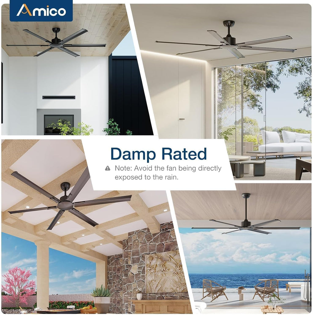Amico 84 Inch Industrial Ceiling Fans Without Light, Indoor/Outdoor Ceiling Fan with Remote Control, Reversible, 6 Speeds, Noiseless, Black Ceiling Fan for Patio, Porch, Garage, Shop, Farmhouse