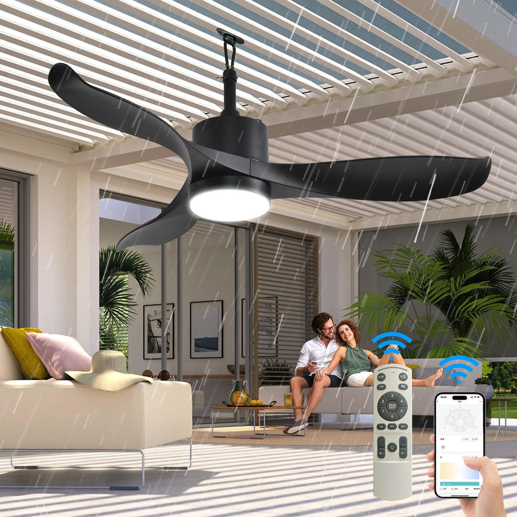 42 Inch Outdoor Ceiling Fan with Light, Plug In Waterproof Black Ceiling Fan for Patio Gazebo Pergola, Hanging Fan with Hook, Remote Control, 6-Speed Fan & Dimmable LED