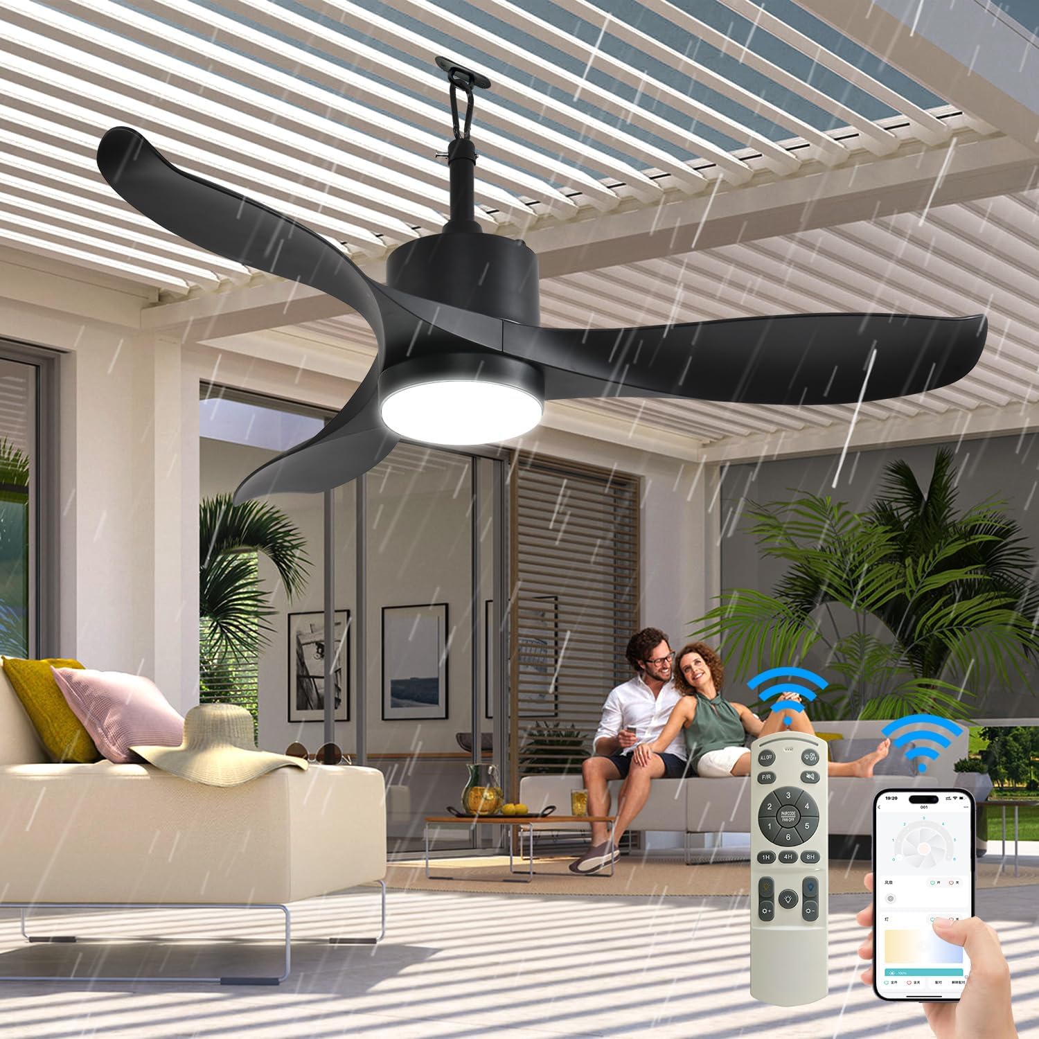 42 Inch Outdoor Ceiling Fan with Light, Plug In Waterproof Black Ceiling Fan for Patio Gazebo Pergola, Hanging Fan with Hook, Remote Control, 6-Speed Fan & Dimmable LED