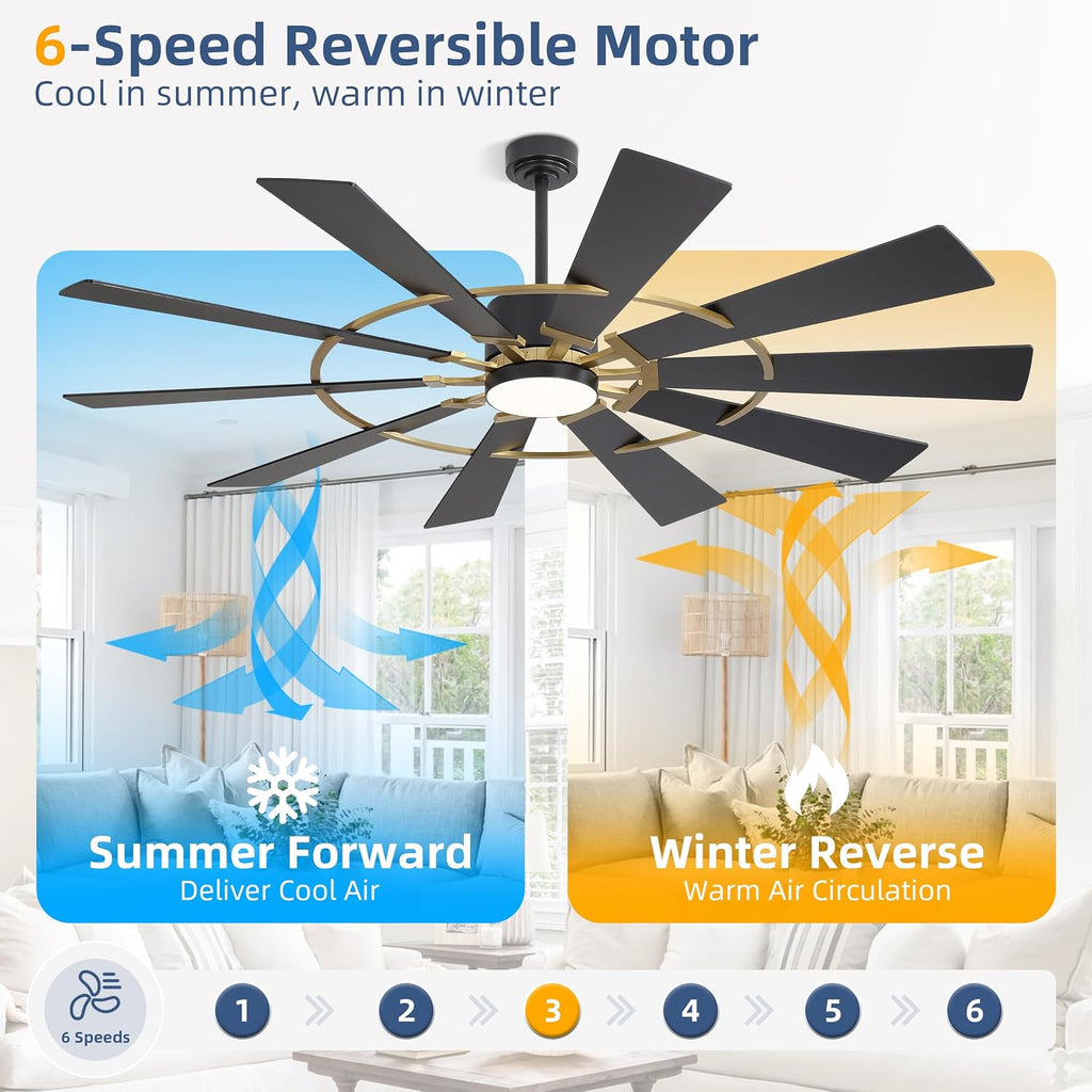 WINGBO 72' Windmill Ceiling Fan with Lights, 3 Downrod, 6-Speed Reversible DC Motor, 3CCT, 10 Blade Indoor Farmhouse DC Ceiling Fans for Kitchen Bedroom Living Room Patio, Aged Brass and Black