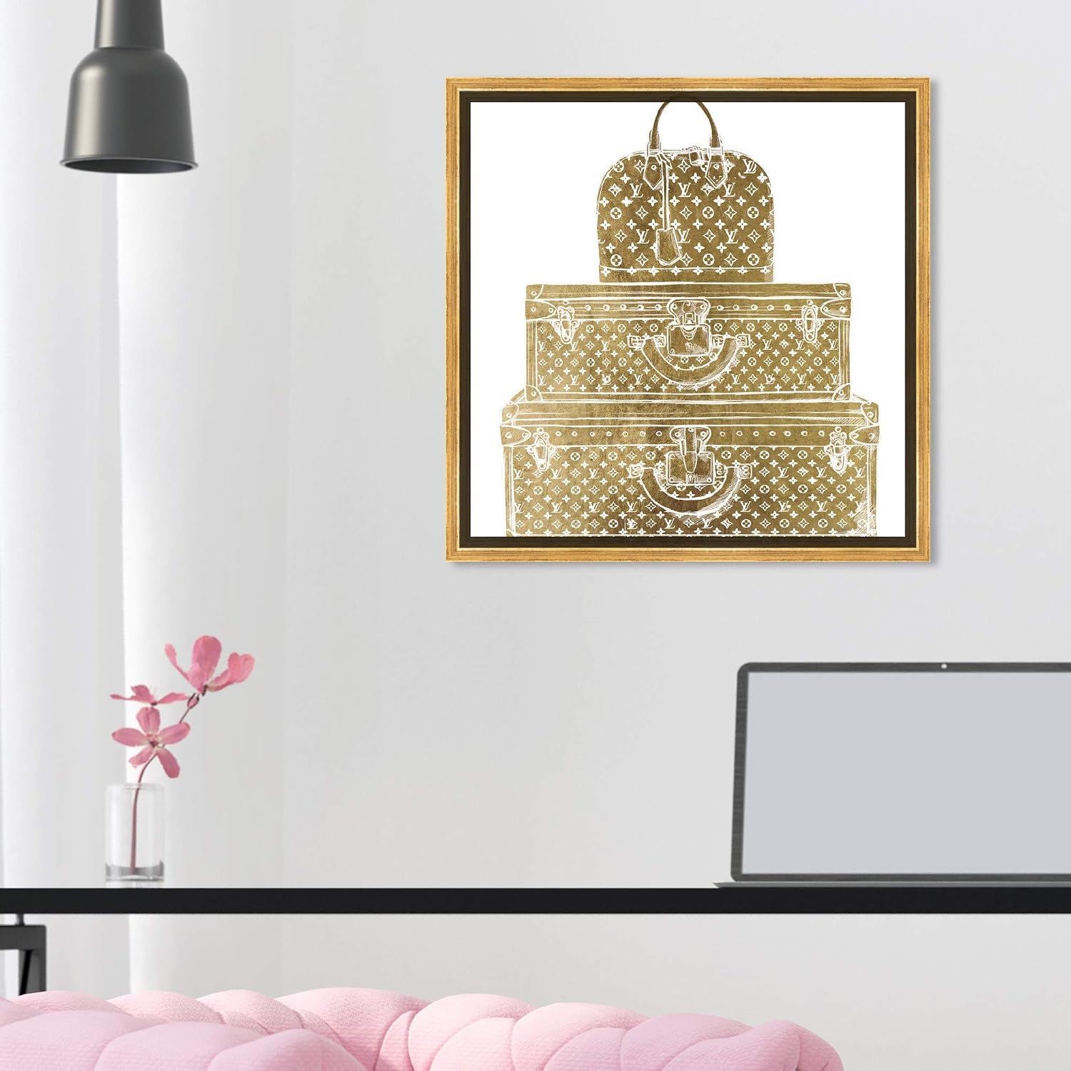 The Oliver Gal Artist Co. Fashion and Glam Framed Wall Art Canvas Prints 'Royal Bag and Luggage Gold Diecut' Travel Essentials, Model: 28278_16x16_Canv_PSGLD