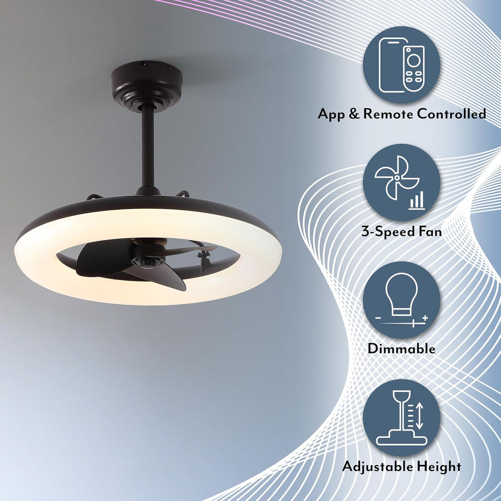 OVAL AIR AIR8001A Piero 21.5' Contemporary Minimalist 6-Speed Metal Mobile-App/Remote-Controlled Dimmable Smart Integrated LED Ceiling Fan Bedroom, Living Room, Dining Room, Deep Espresso Bronze
