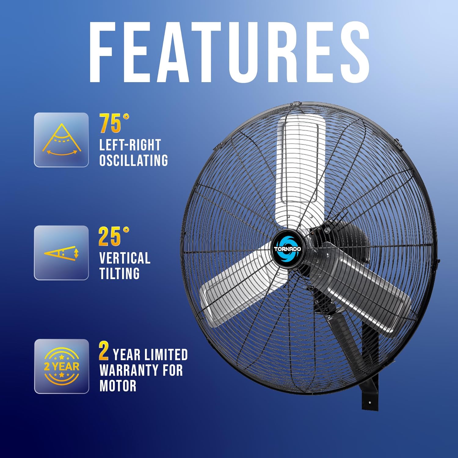 Tornado 24 Inch Pro Series High Velocity Oscillating Wall Mount Fan For Commercial, Industrial Use 3 Speed 7200 CFM 6.6 FT Cord UL Safety Listed