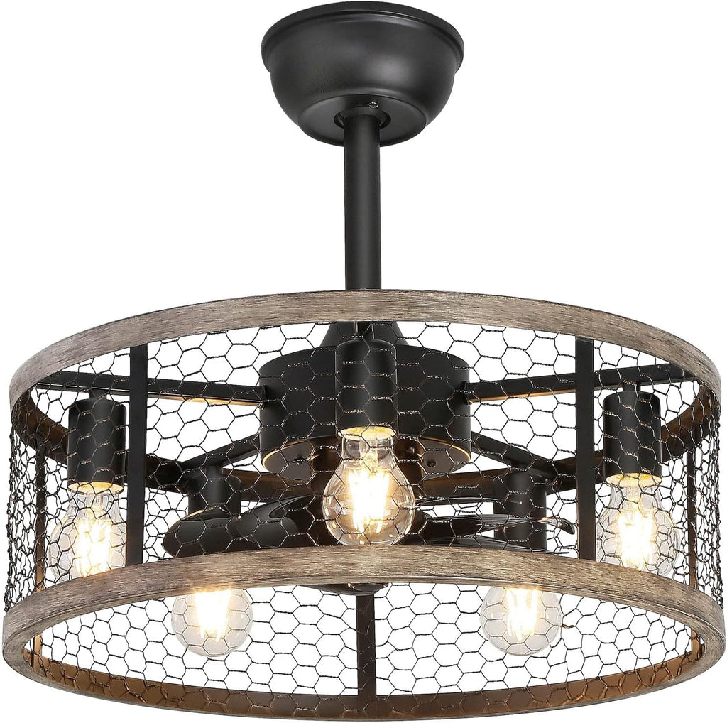 Ohniyou 20'' Caged Rustic Farmhouse Ceiling Fan with Lights Remote Control, Reversible Motor, 6 Speeds Ceiling Fan Light Fixture for Dining Room Bedroom