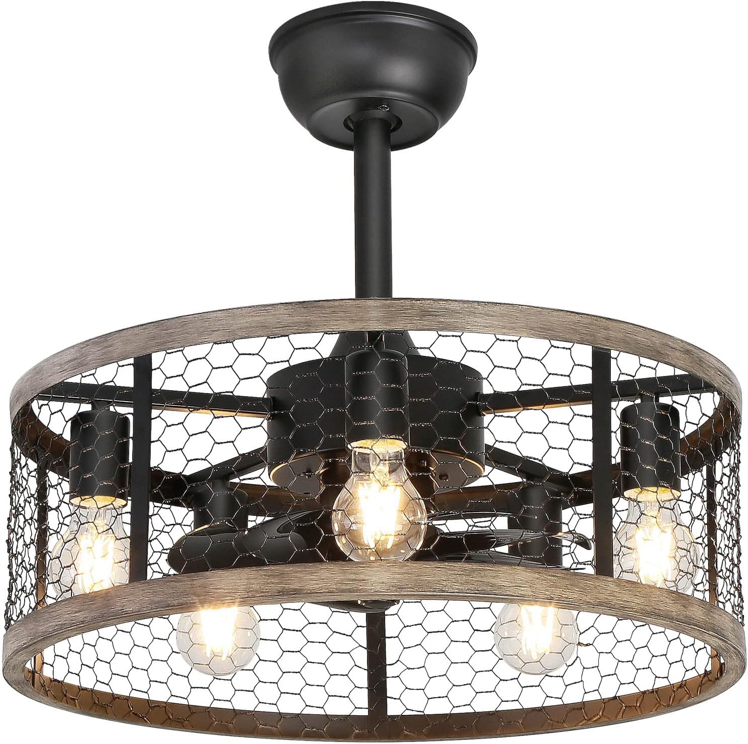 Ohniyou 20'' Caged Rustic Farmhouse Ceiling Fan with Lights Remote Control, Reversible Motor, 6 Speeds Ceiling Fan Light Fixture for Dining Room Bedroom