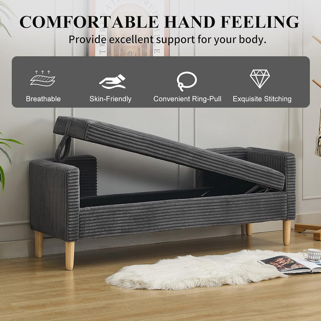 NIOIIKIT 65' Large Storage Ottoman Bench with 2 Pillows, Corduroy Upholstered Entryway Bench with Wood Leg, End of Bed Bench with Straight Armrest, Window Bench for Bedroom, Entryway (Dark Grey)