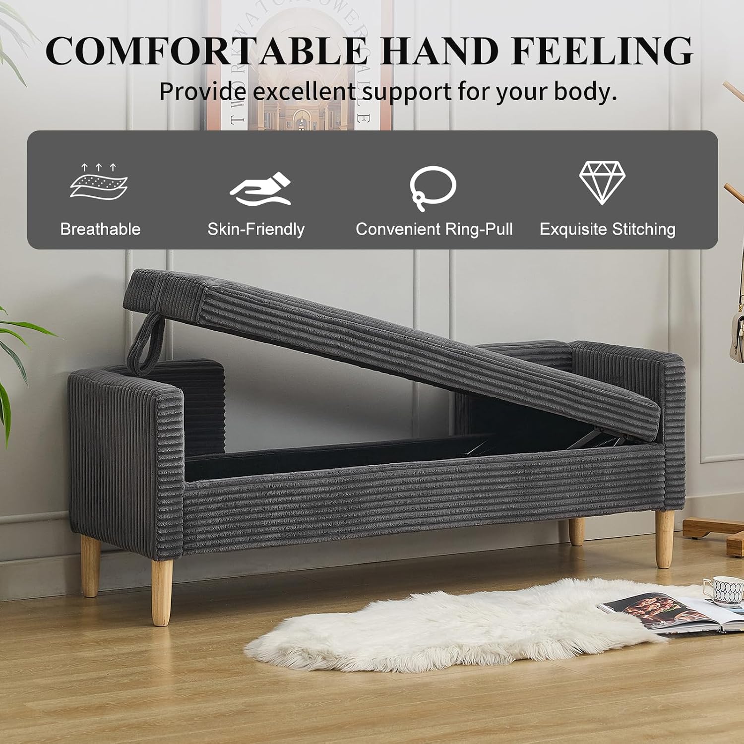 NIOIIKIT 65' Large Storage Ottoman Bench with 2 Pillows, Corduroy Upholstered Entryway Bench with Wood Leg, End of Bed Bench with Straight Armrest, Window Bench for Bedroom, Entryway (Dark Grey)
