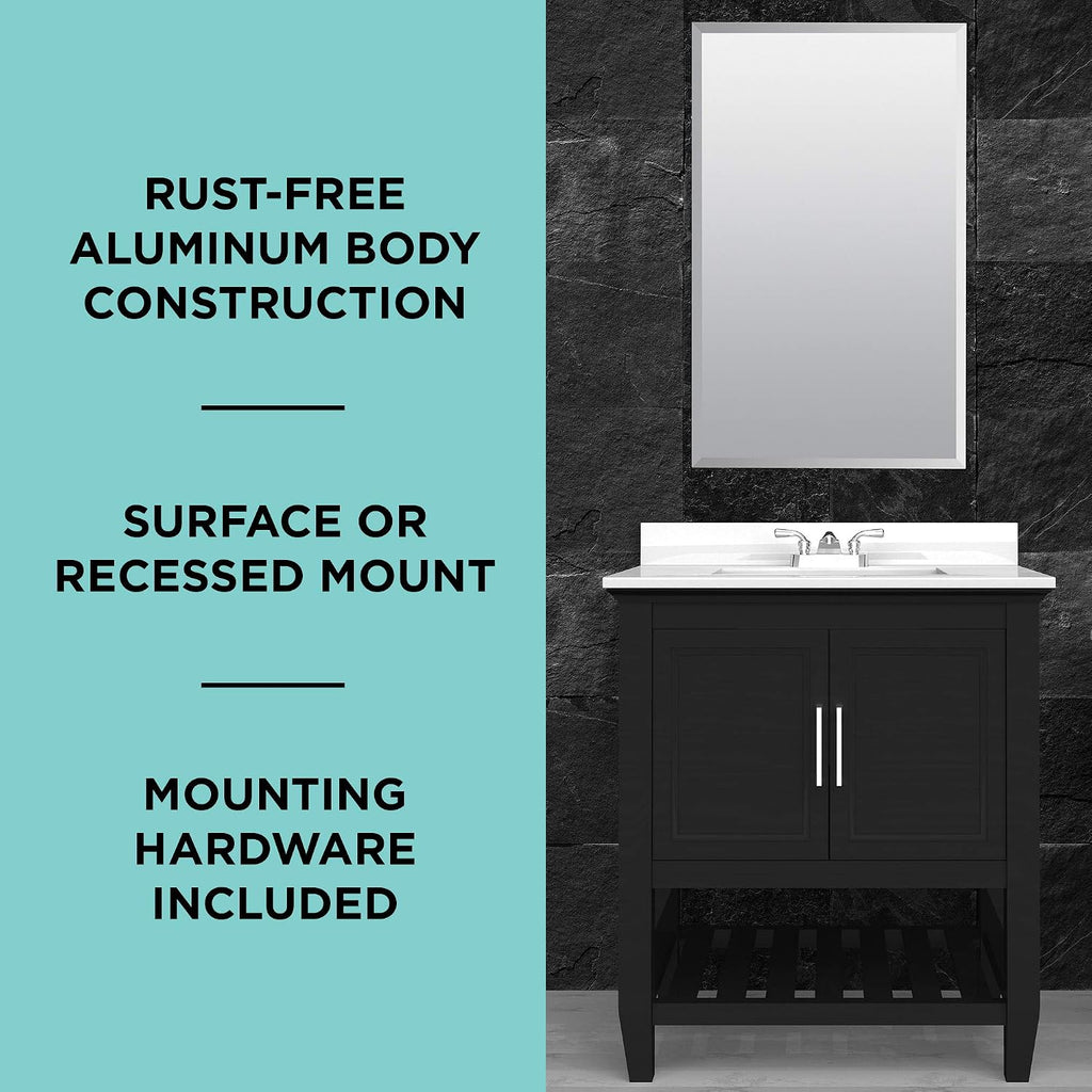 Zenna Home Bathroom Medicine Cabinet with Mirror, Frameless Bathroom Wall Cabinet with Rustproof Aluminum Body, 3 Adjustable Glass Shelves, Recessed or Surface Wall Mount Installation, 15 x 26 Inches