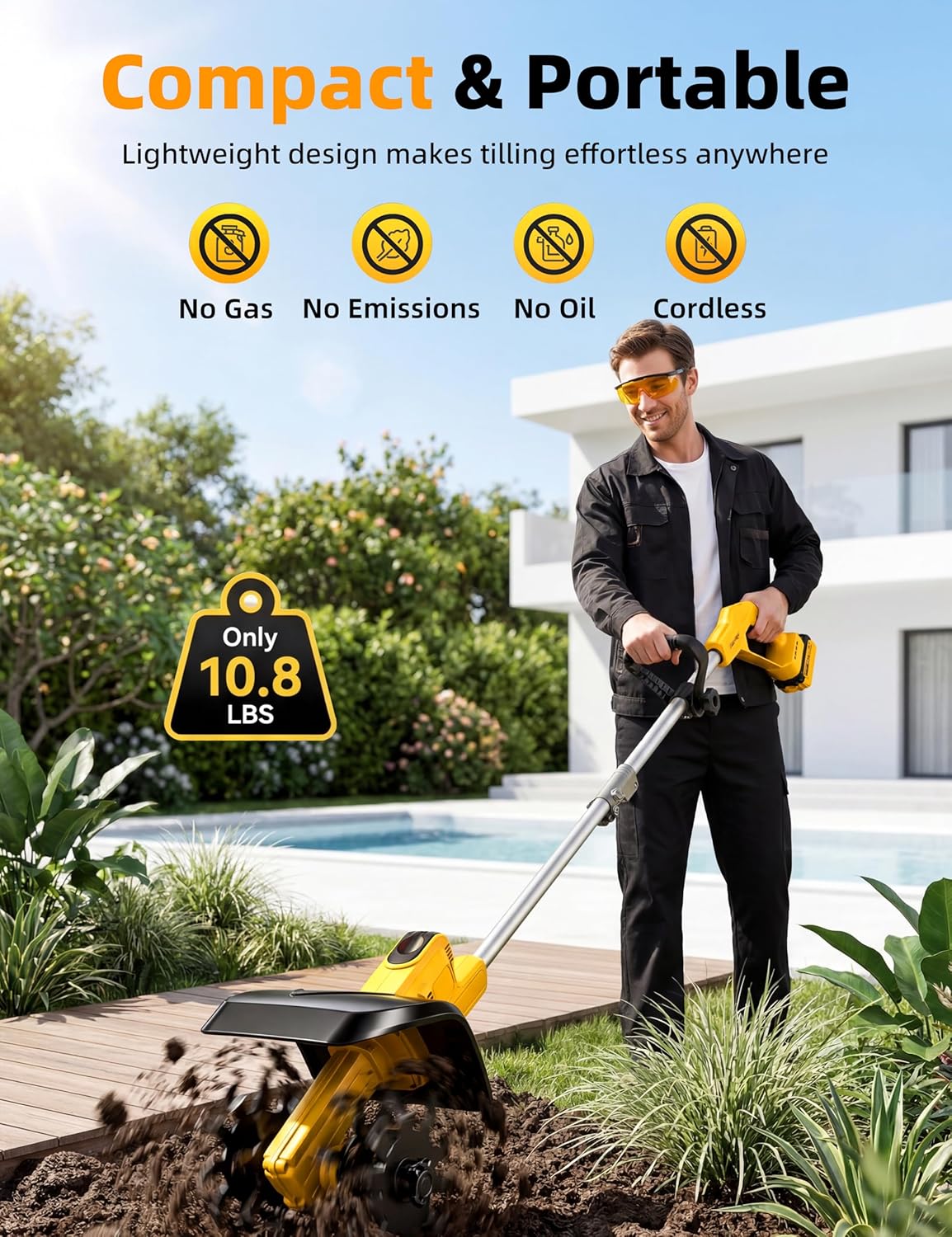 Cordless Tiller Cultivator/ Trencher 2-IN-1, Electric Mini Tiller Lawn Edger w/ 2*4.0Ah Battery, 9' Width, 6' Depth, 48 Steel Tines Rototiller for Garden, Soil, Weeding, Compatible with Dewalt Battery