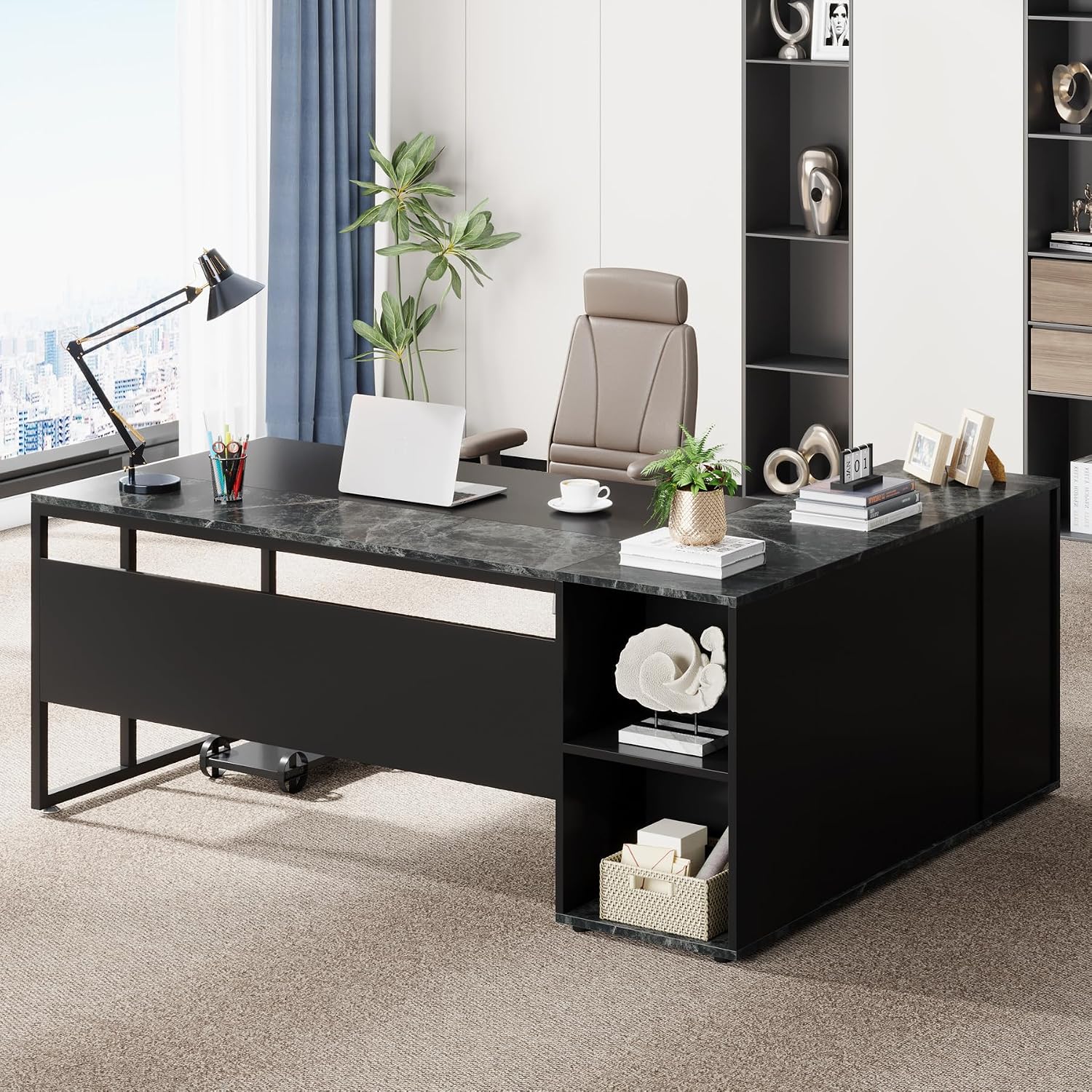 LITTLE TREE Large Executive Desk with File Cabinet, 71 inch L Shaped Computer Desk Office Desk with Drawers and Storage Shelves, Business Furniture Desk Workstation for Home Office, Black