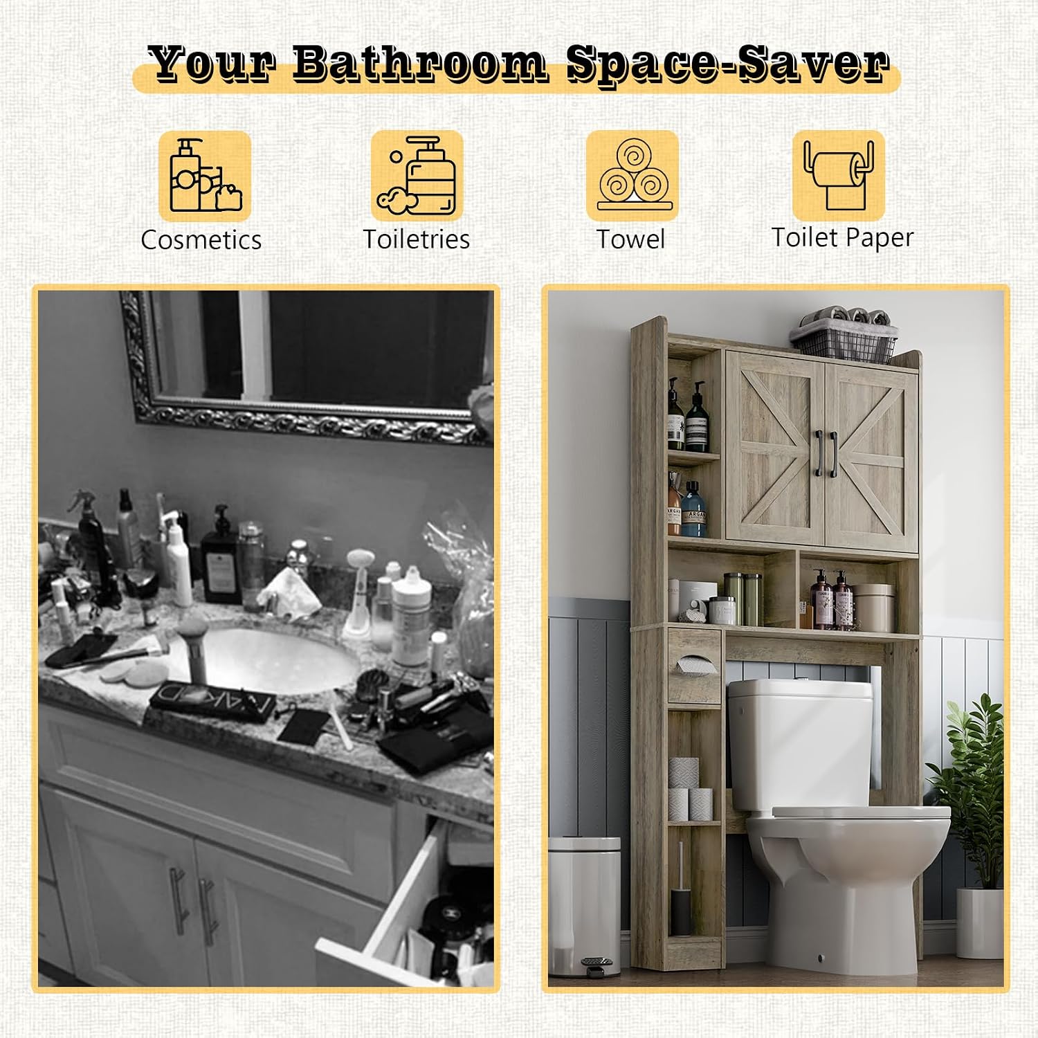 Vabches Over The Toilet Storage Cabinet, Farmhouse Storage Cabinet Over Toilet with 2 Barn Door & Toilet Paper Holder Stand, Home Space-Saving Rack, for Bathroom, Restroom (Grey).