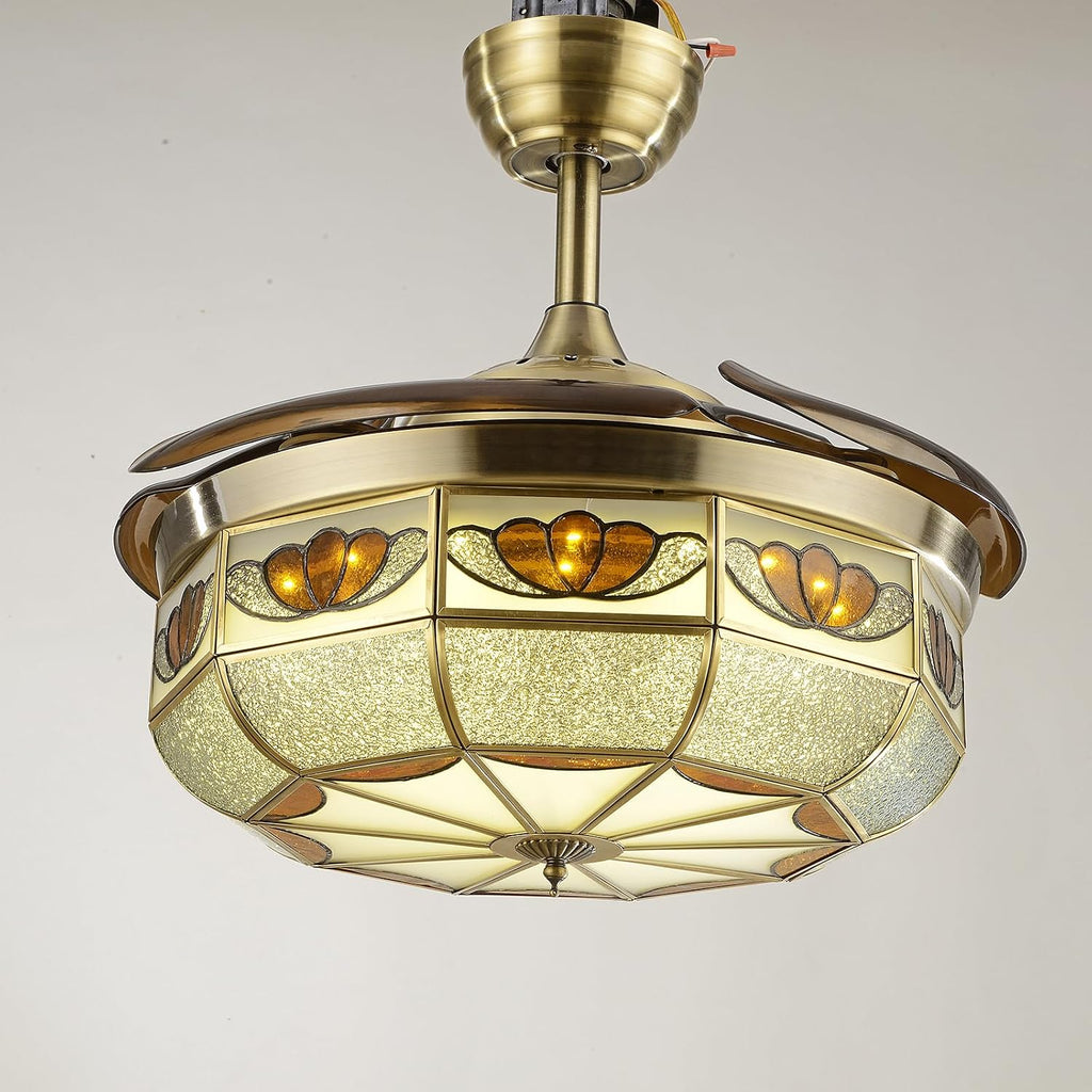 36' Vintage Retractable Ceiling Fan Light, Chandelier Fan with controller 3-Color Lighting 6-Speed Copper Glass Lampshade & Reverse Function for Bedroom Living Room (Bronze)