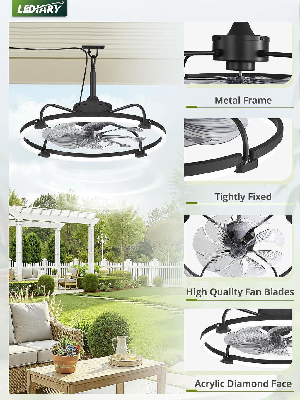 LEDIARY 24' Outdoor Ceiling Fans with Light for Patios, IP65 Waterproof Gazebo Fan, Plug-in Hanging Fan Remote&APP Control, 3CCT Dimmable, 6-Speeds, Caged Ceiling Fan for Gazebo,Patio,Pergola,Porch