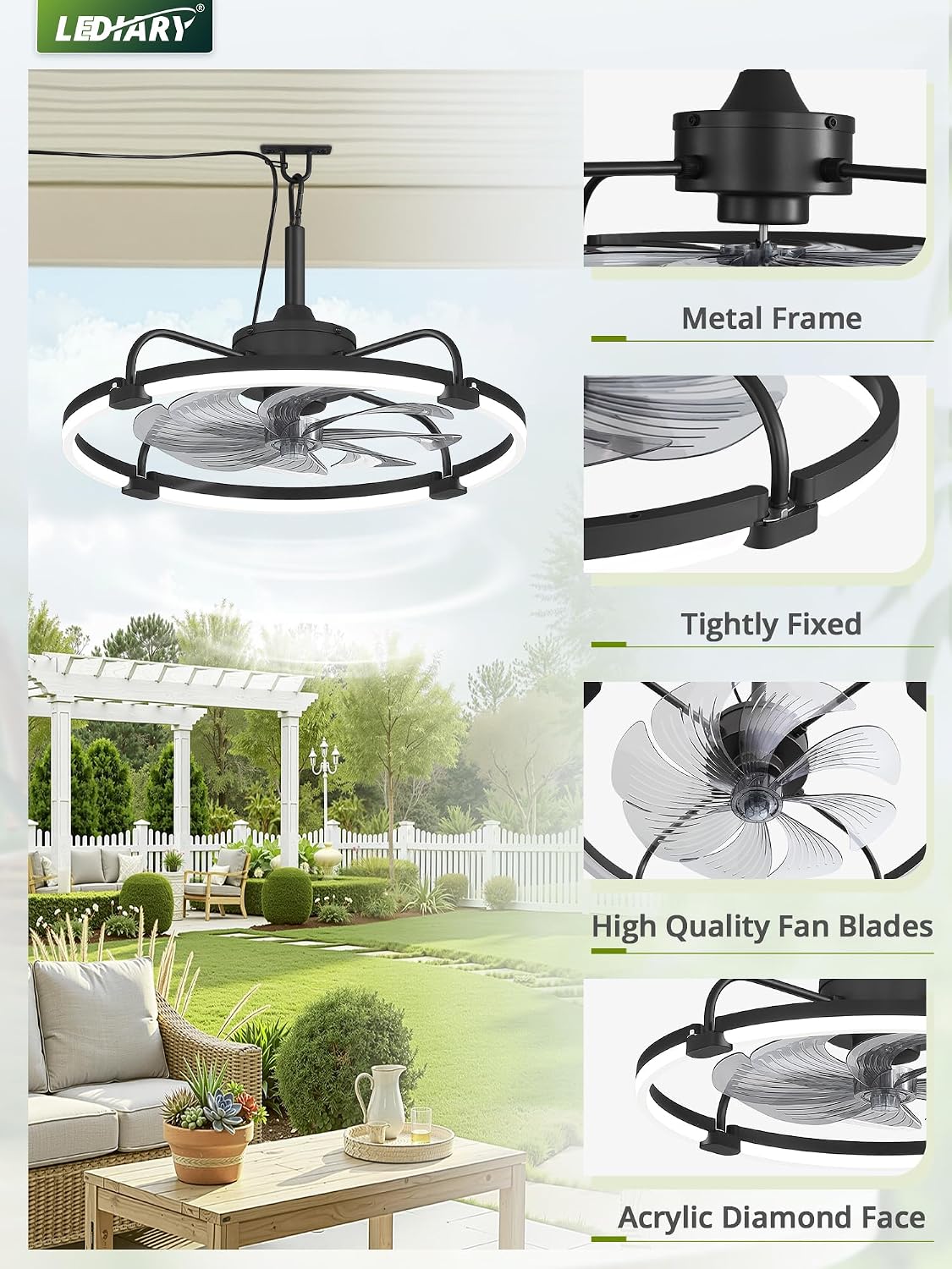LEDIARY 24' Outdoor Ceiling Fans with Light for Patios, IP65 Waterproof Gazebo Fan, Plug-in Hanging Fan Remote&APP Control, 3CCT Dimmable, 6-Speeds, Caged Ceiling Fan for Gazebo,Patio,Pergola,Porch