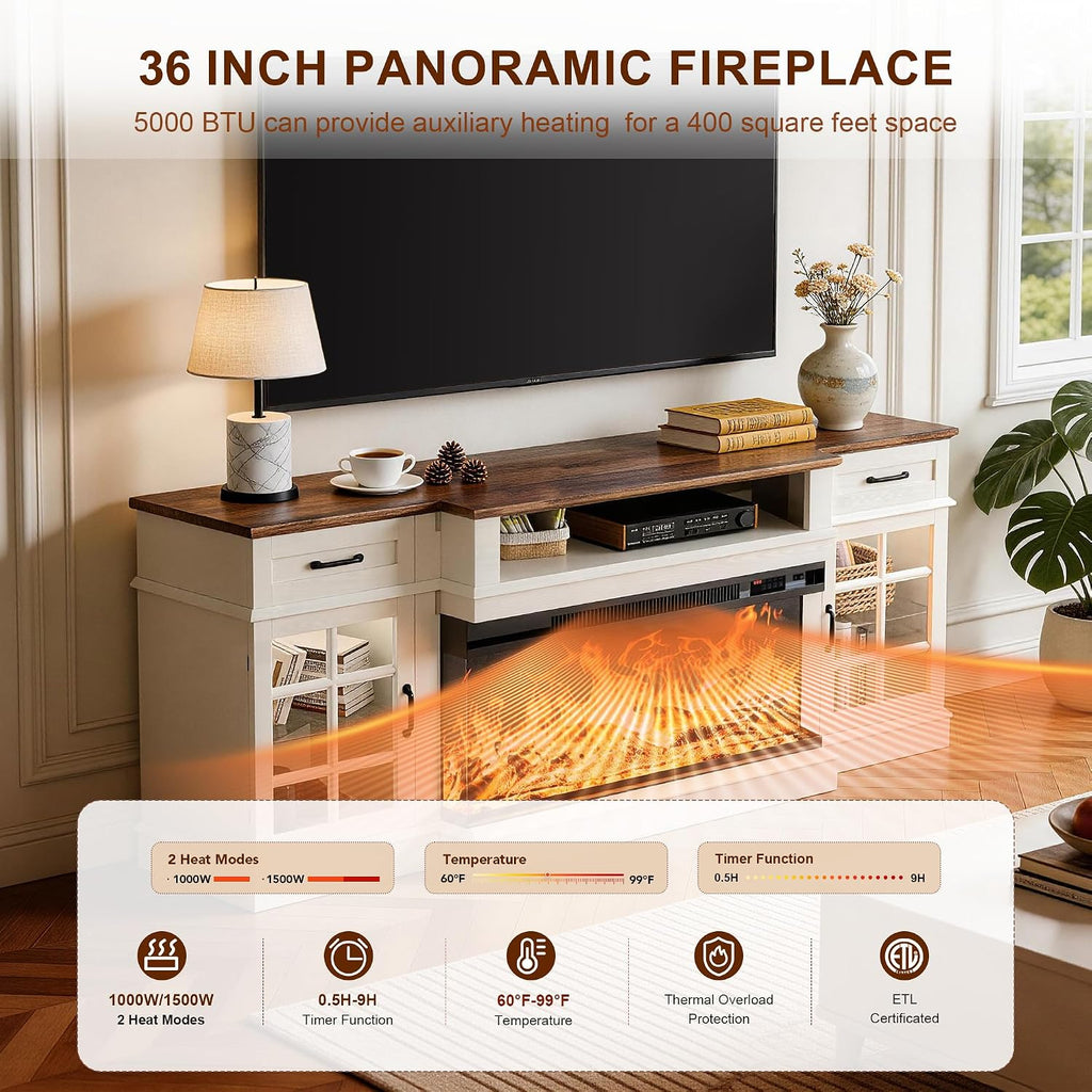 MXV 70' Fireplace TV Stand, 3-Sided Glass Fireplace and Modern Entertainment Center, Wooden Media Console with Glass Doors & Storage Drawers, LED Light, for Living Room, Antique White