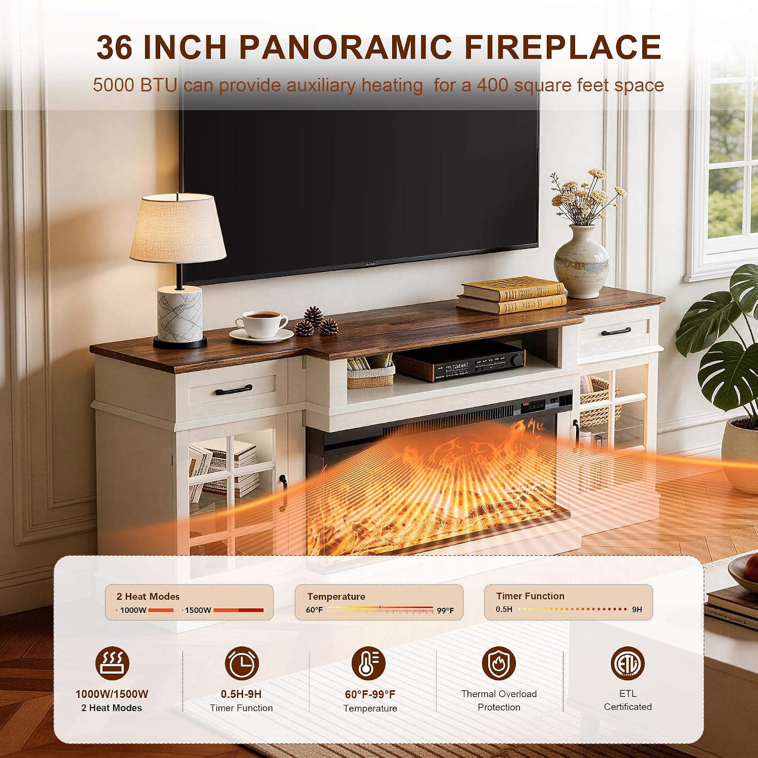 MXV 70' Fireplace TV Stand, 3-Sided Glass Fireplace and Modern Entertainment Center, Wooden Media Console with Glass Doors & Storage Drawers, LED Light, for Living Room, Antique White