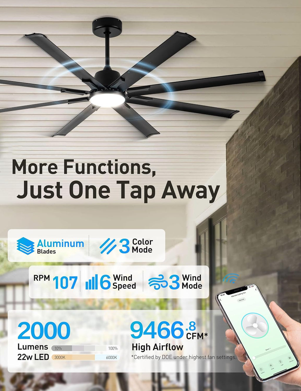 Minislak 72 Inch Ceiling Fan with Light,Industrial Ceiling Fan with 8 Black Aluminium Blades,Smart Fan Compatible with Alexa,Garage Outdoor Indoor Fan for Patio and Living Room