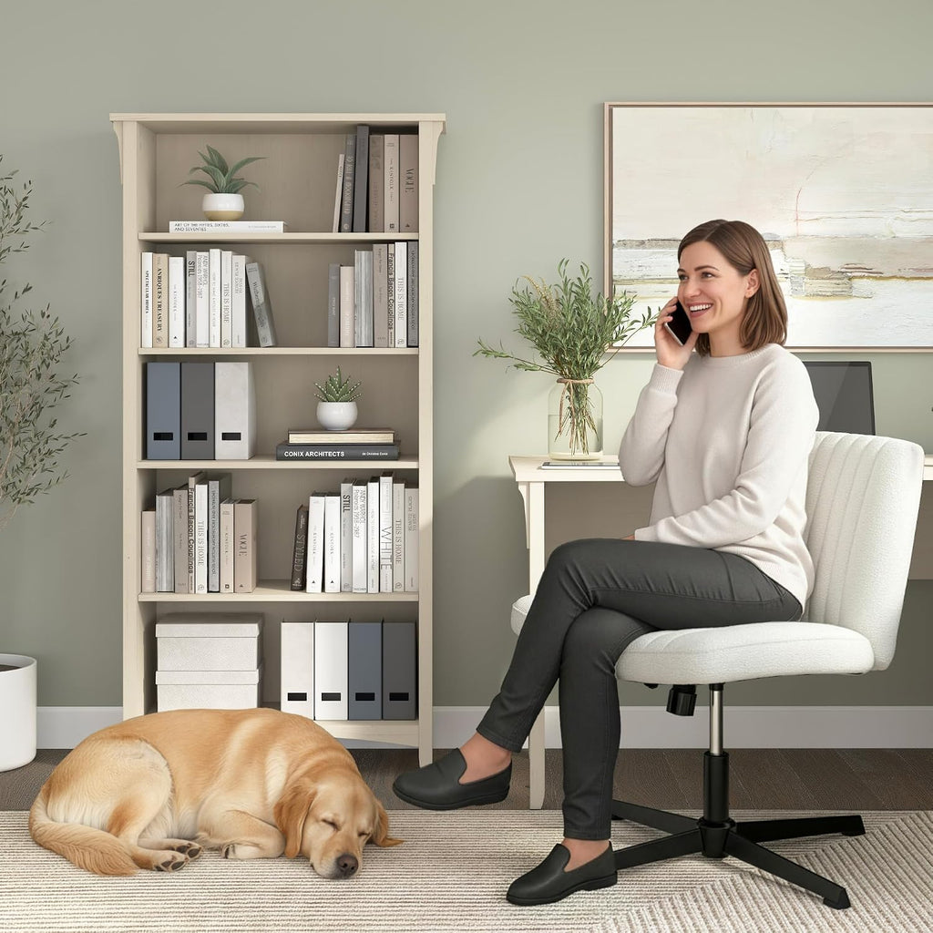 Bush Home Salinas 5 Shelf Bookcase in Antique White, Tall Bookshelf, Large Book Shelf for Living Room, Home Office, or Entryway