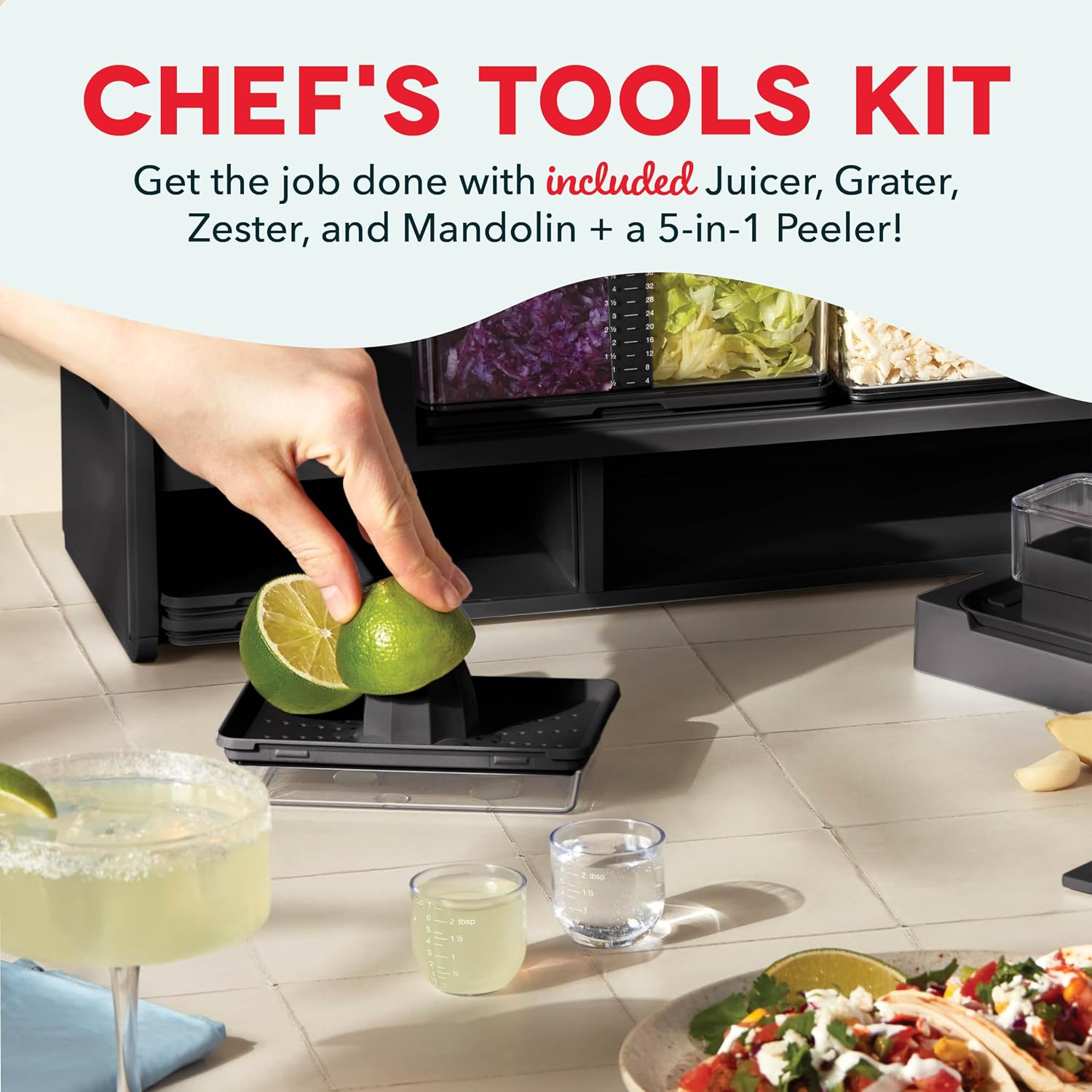 Prepdeck Gen 2 Recipe Prep & Storage Station - 8 Essential Tools + Deluxe Cutting Board, 14 Plastic Containers + Super-Seal Lids, Removable Trash Compartments, Tablet Stand Included - Midnight Black