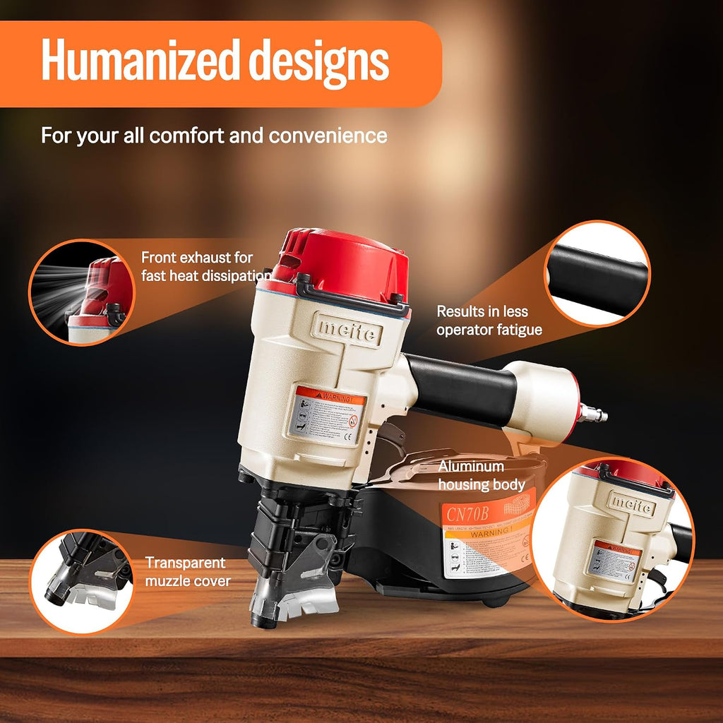 meite CN70B Pneumatic Coil Nailer with 15 Degree Siding Nails 2' × .099'' - Air Coil Nail Gun with 400PCS Magazine, 360° Adjustable Exhaust for Framing Sheathing Pallets Hardwood Projects
