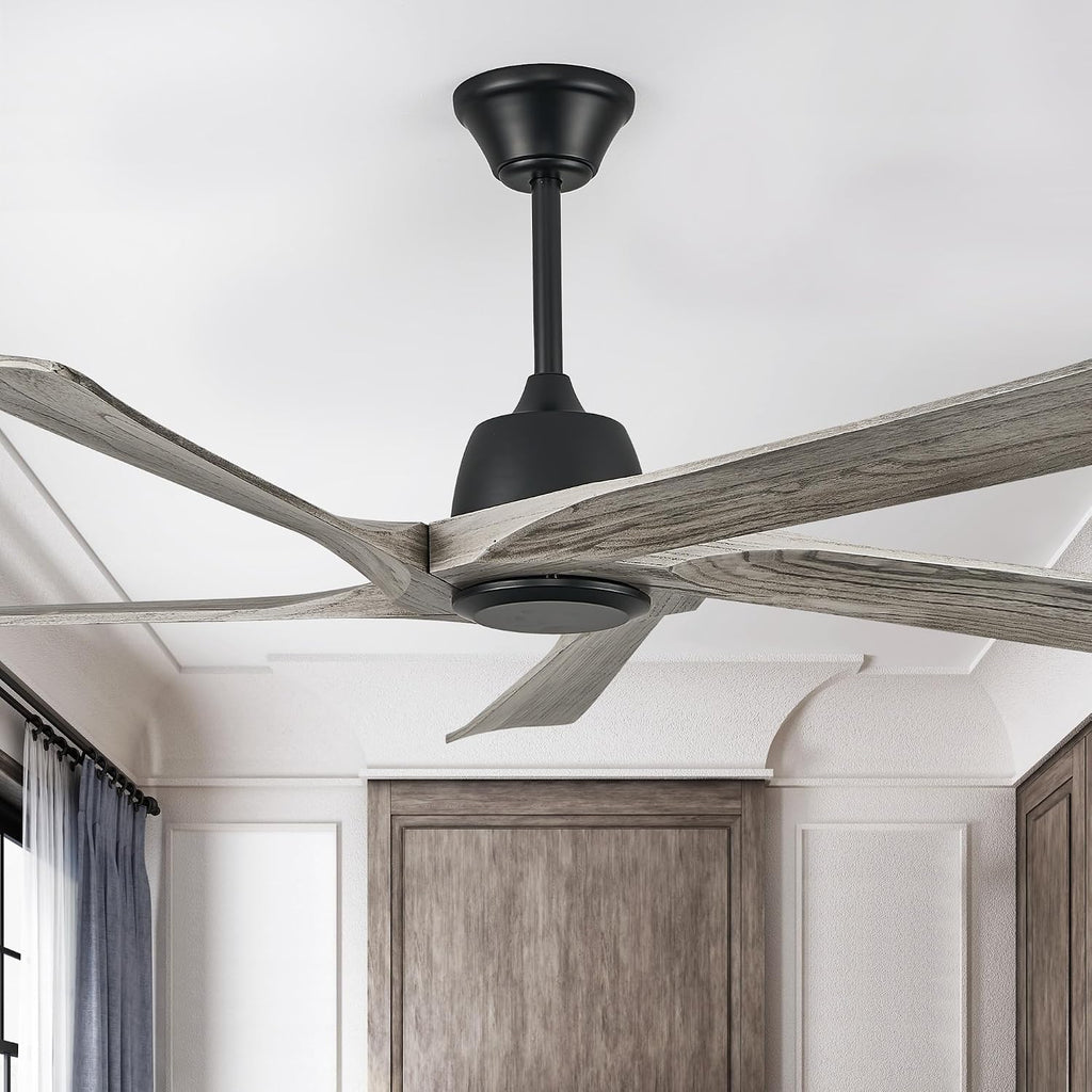 60 Inch Solid Wood Ceiling Fan No Lights, Remote and APP Control, DC Motor, 6-speed Reversible, for Bedroom, Living Room, Office, Outdoor Ceiling Fans, Greywood