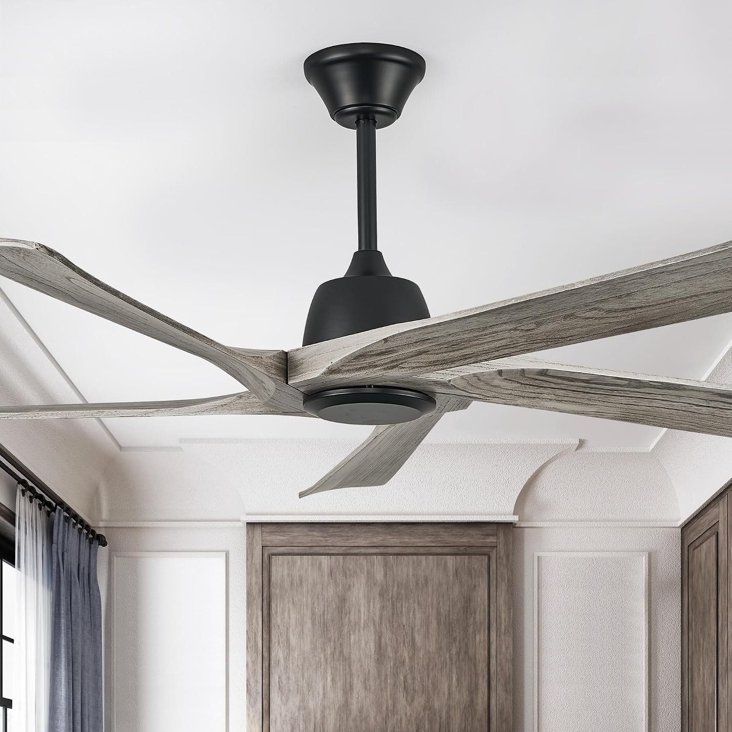 60 Inch Solid Wood Ceiling Fan No Lights, Remote and APP Control, DC Motor, 6-speed Reversible, for Bedroom, Living Room, Office, Outdoor Ceiling Fans, Greywood