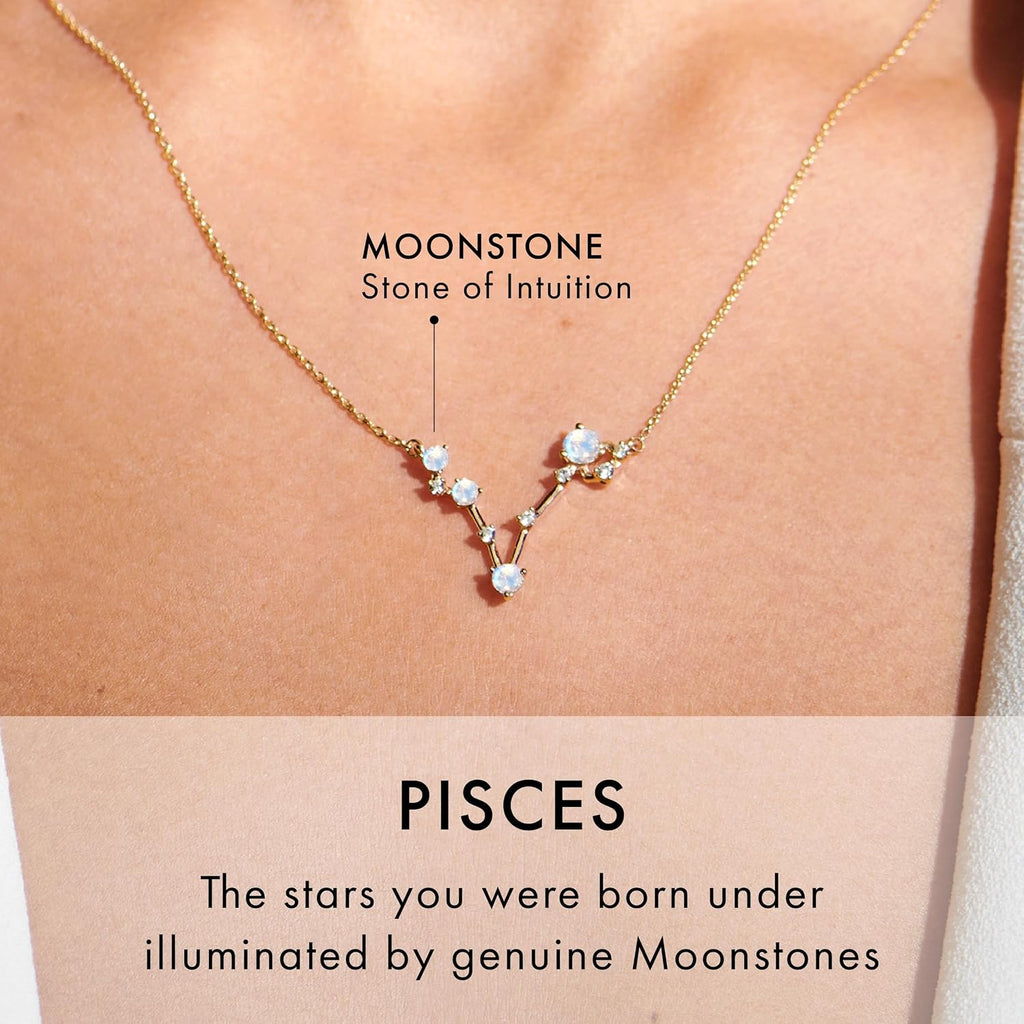 Moon Magic Moonstone Zodiac Necklaces for Women | Constellation Necklace 925 Sterling Silver | 18k Rose and Yellow Gold Zodiac Sign Pendants | Authentic Real Dainty Moon Stone Jewelry for Women
