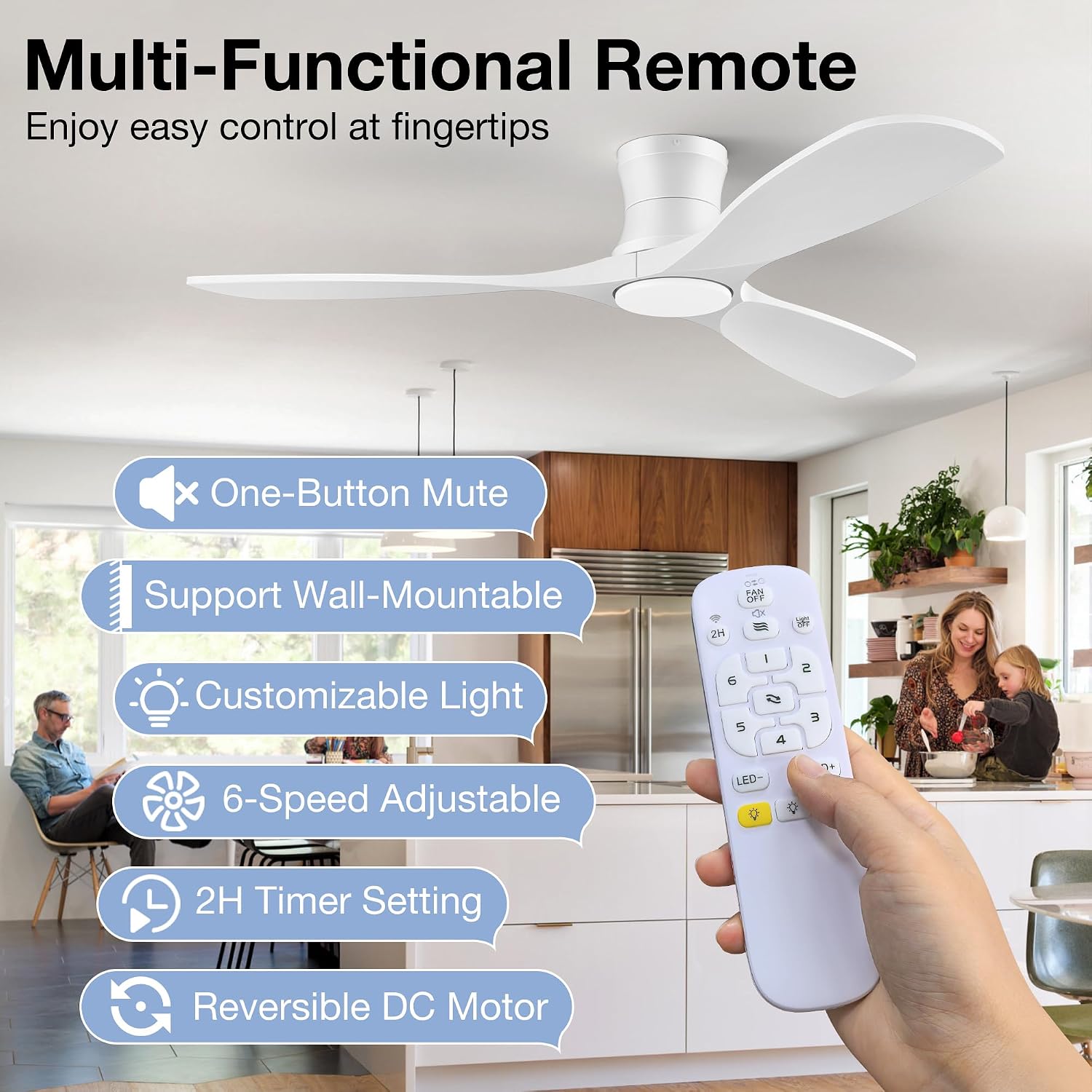 52 Inch Wood Ceiling Fans with Lights Remote,Low Profile Flush Mount Ceiling Fan with Light,Outdoor Indoor Modern Ceiling fan for Bedroom Living room Patio,White,3 Blades,Dimmable,6 Speed,Noiseless
