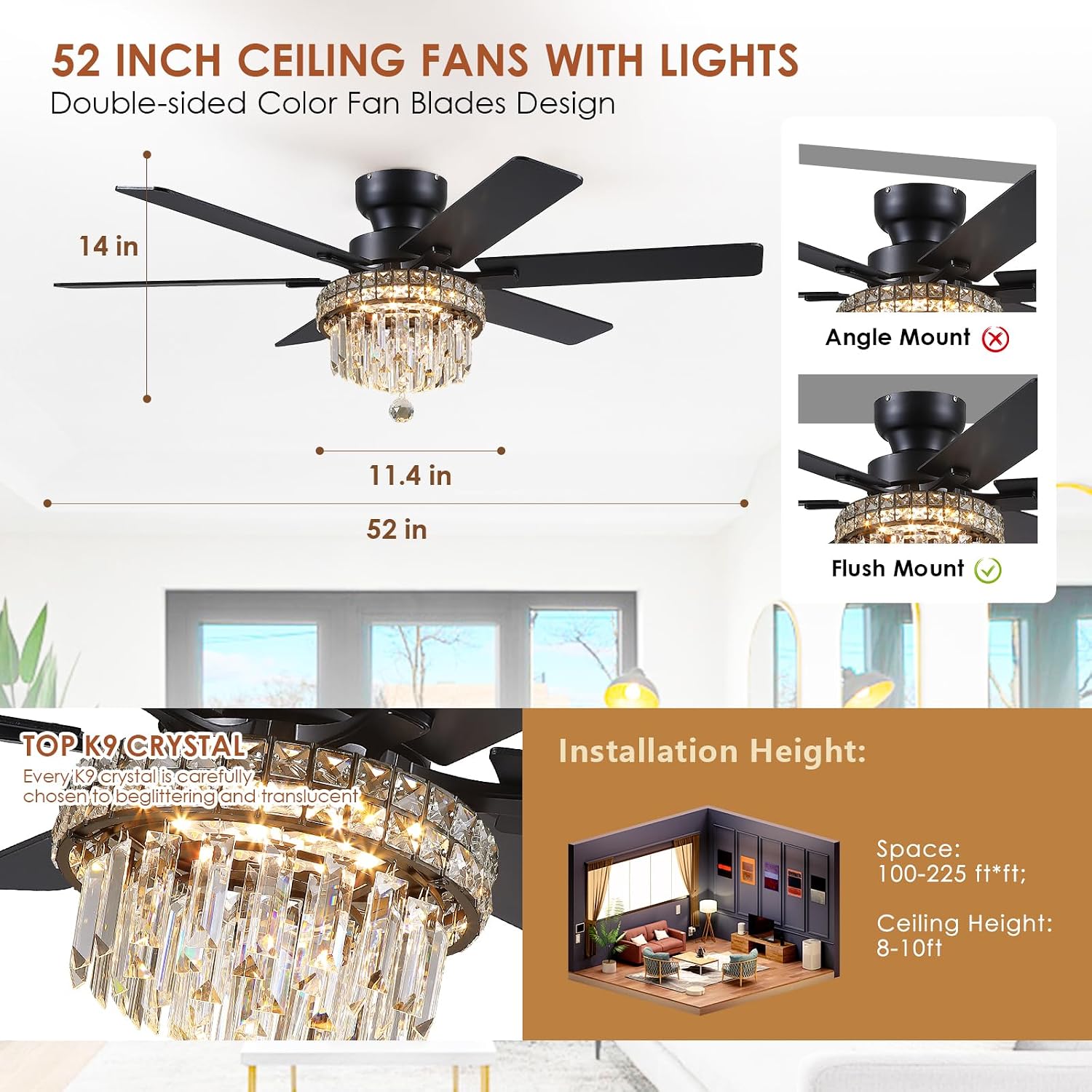 Asyko Chandelier Ceiling Fan -52' Crystal Ceiling Fan- Fandelier Fan Light Black with Remote, Reversible Motor, Dual-Sided 6 Blades, 3 Speed, Timer, Indoor Outdoor Fans, Living Room, Dining Room
