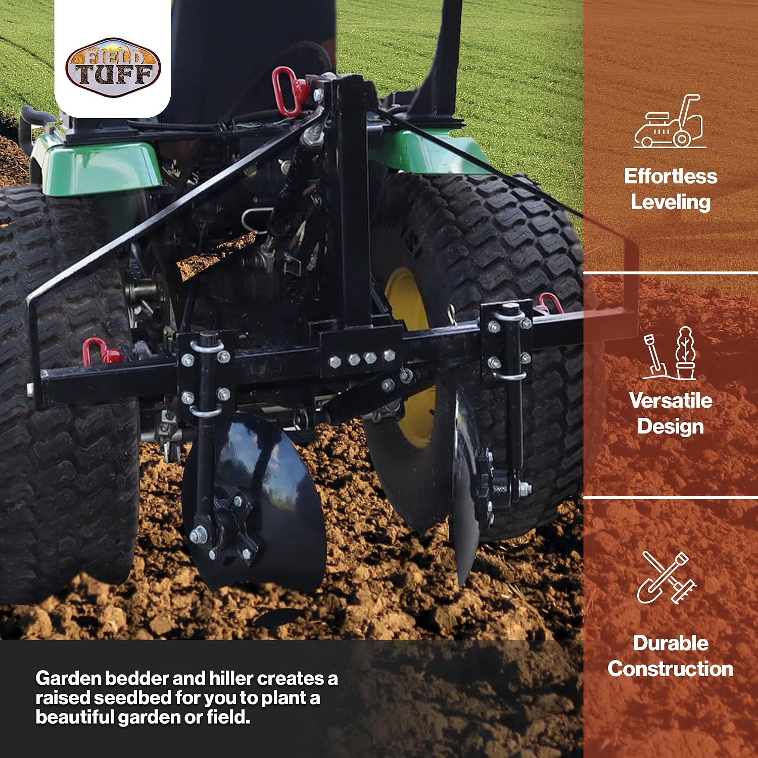 Field Tuff Disc Cultivator Garden Bedder and Hiller with 3-Point Hitch, 43-Inch Width - Heavy-Duty Steel Attachment for Category 1 Tractors, for Raised Rows, Landscaping and Soil Tilling