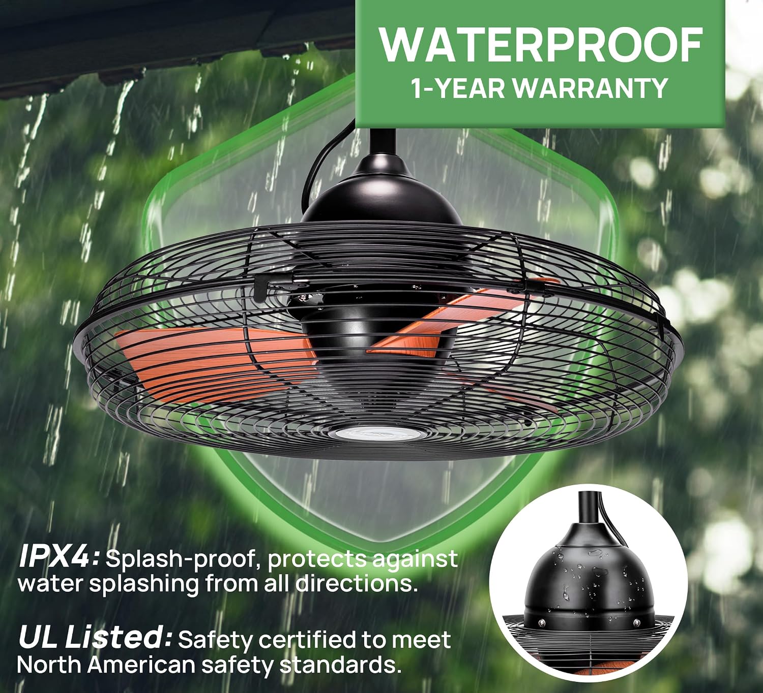 Outdoor Ceiling Fan for Patios, 20 Inch Gazebo Fan Waterproof Remote&Cord Control, 3 Speed, Low Noise, Plug in Ceiling Fan for Pergola, Porch, Gazebo, Patio (Brown)