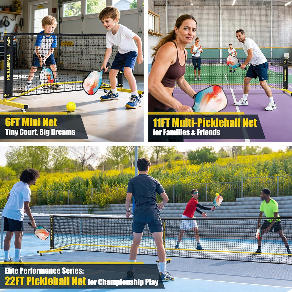 Pickleball Set Net with 4 Paddles, 6FT/11FT/22FT Portable 3-in-1 Pickle Ball Net with Carry Bag, Pickleballs, Designed for All Weather Conditions