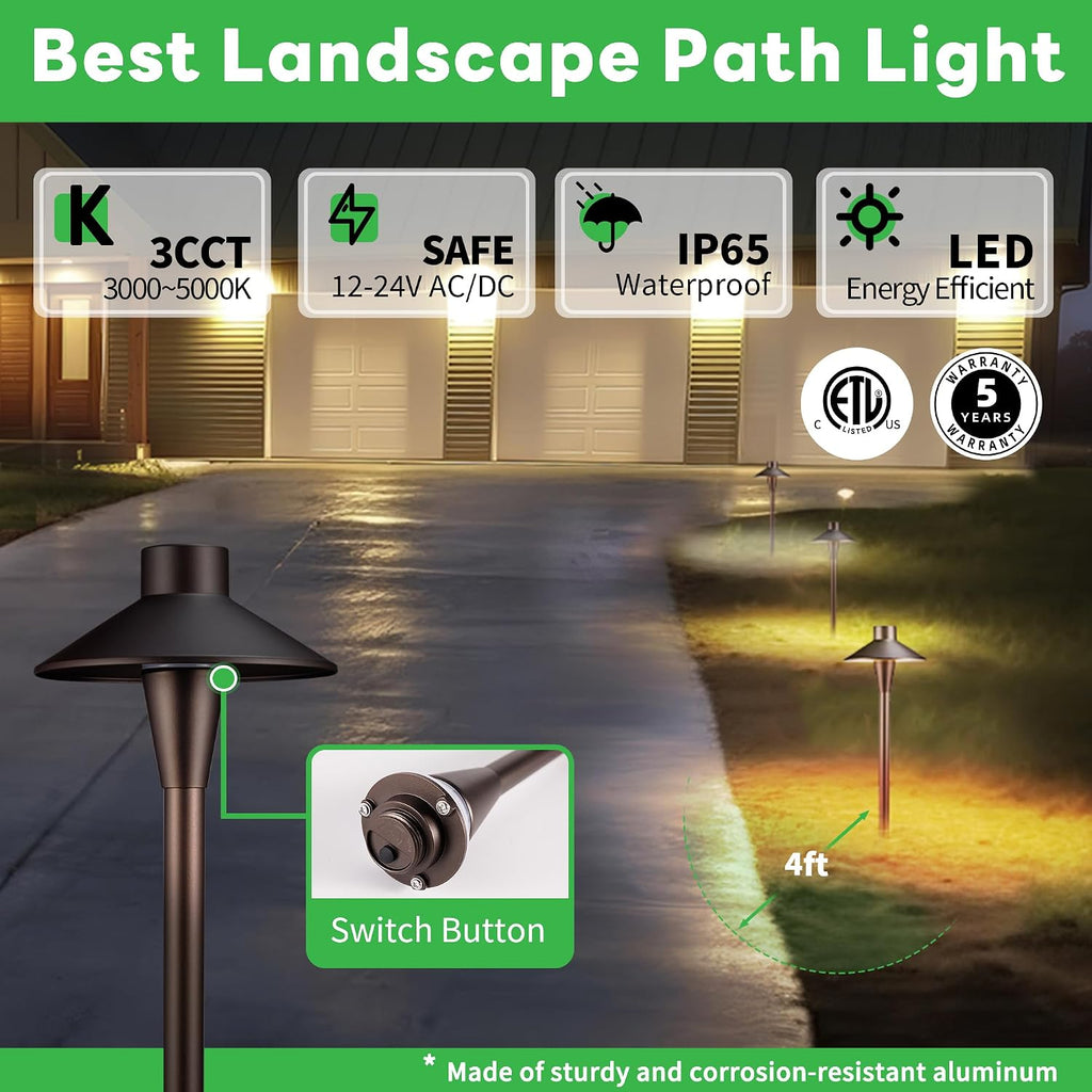 Outdoor Path Lights, LED Landscape Pathway Lights 3000K/4000K/5000K Selectable, 12V Low Voltage Wired, Waterproof 5W 150LM ORB Aluminum for Backyard Patio 6 Pack